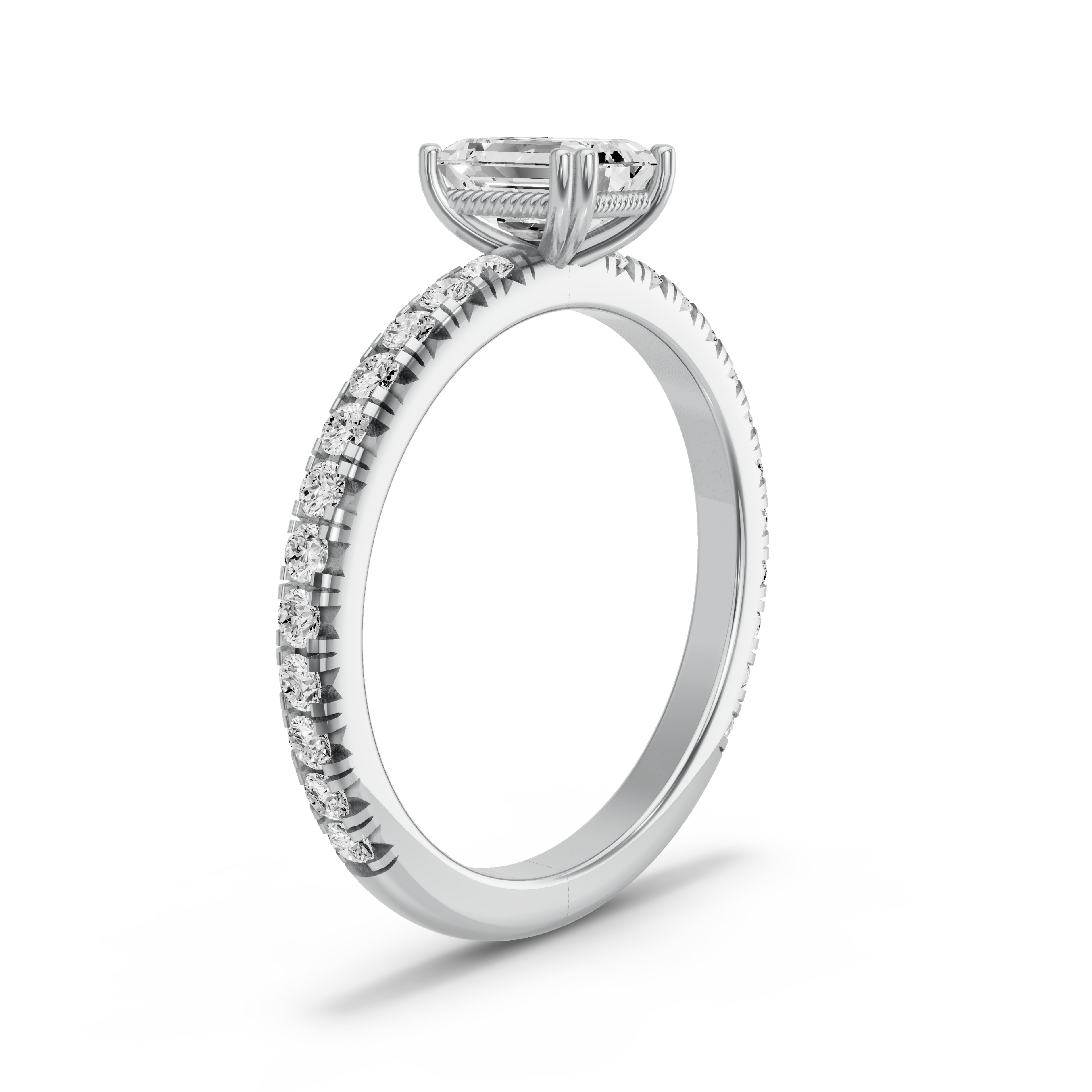 Image for Emerald Vintage Basket Ring with French Pave band in 14K White Gold