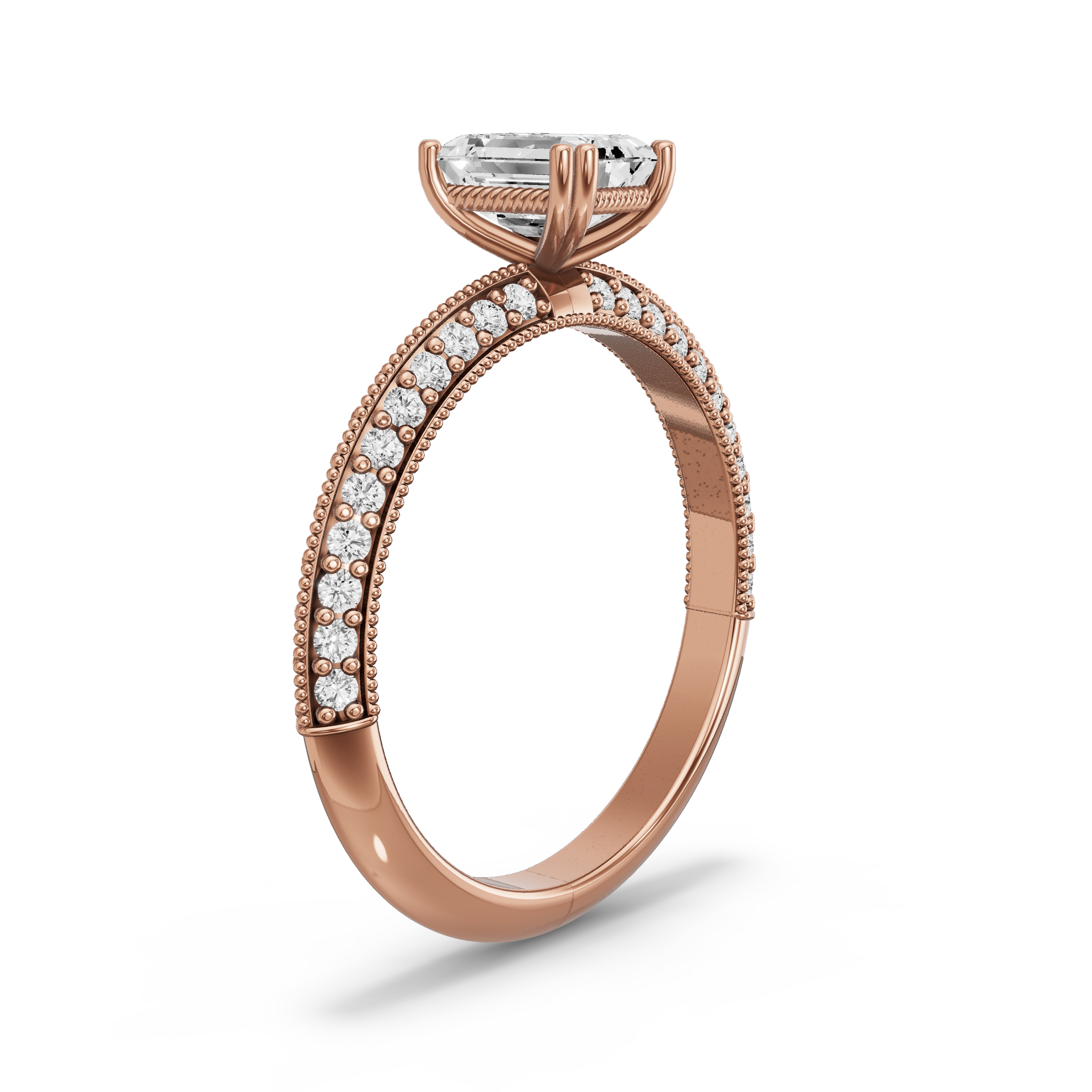 Image for Emerald Vintage Basket Ring with Knife Edge Pave band in 14K Rose Gold