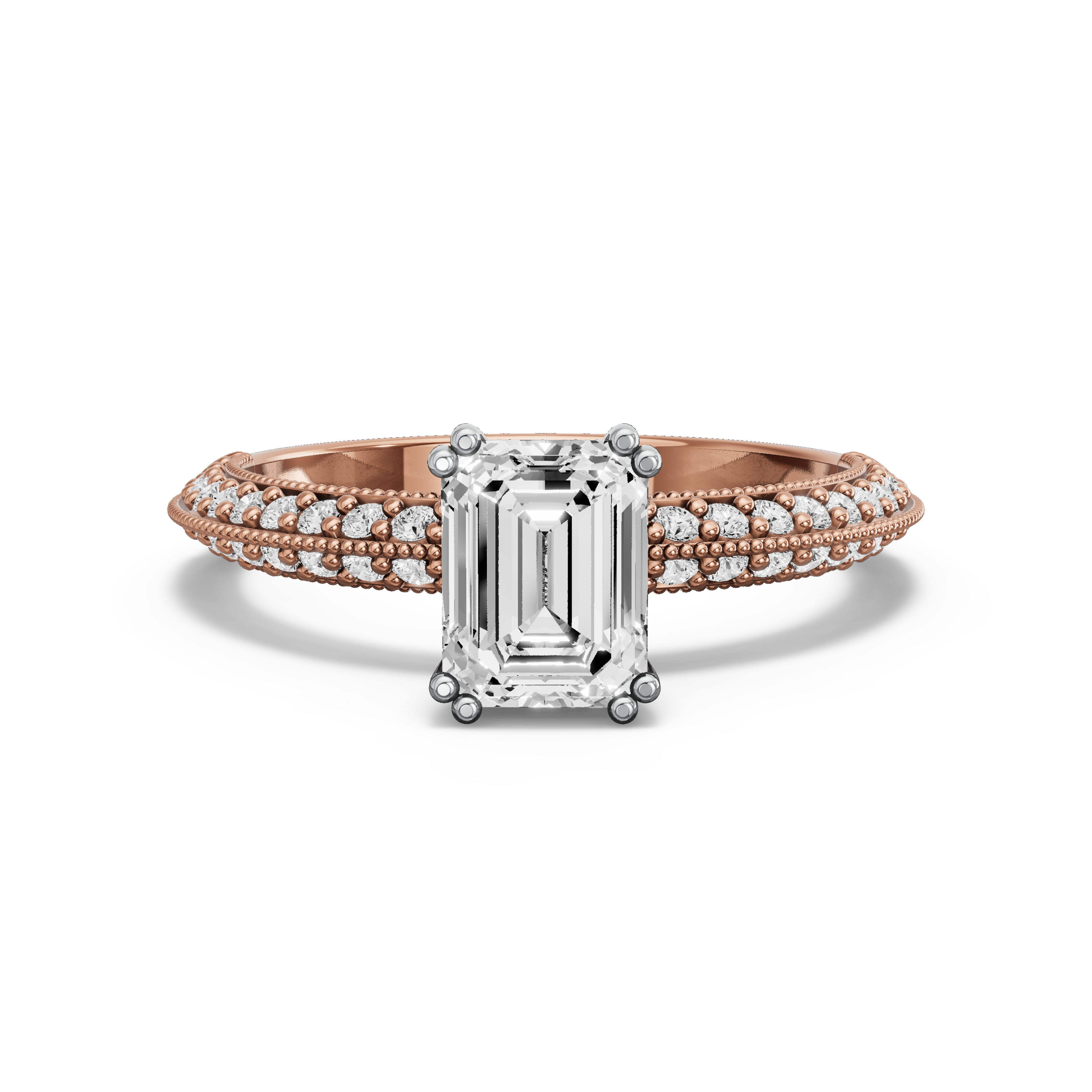 Image for Emerald Vintage Basket Ring with Knife Edge Pave band in 18K Two Tone Rose Gold