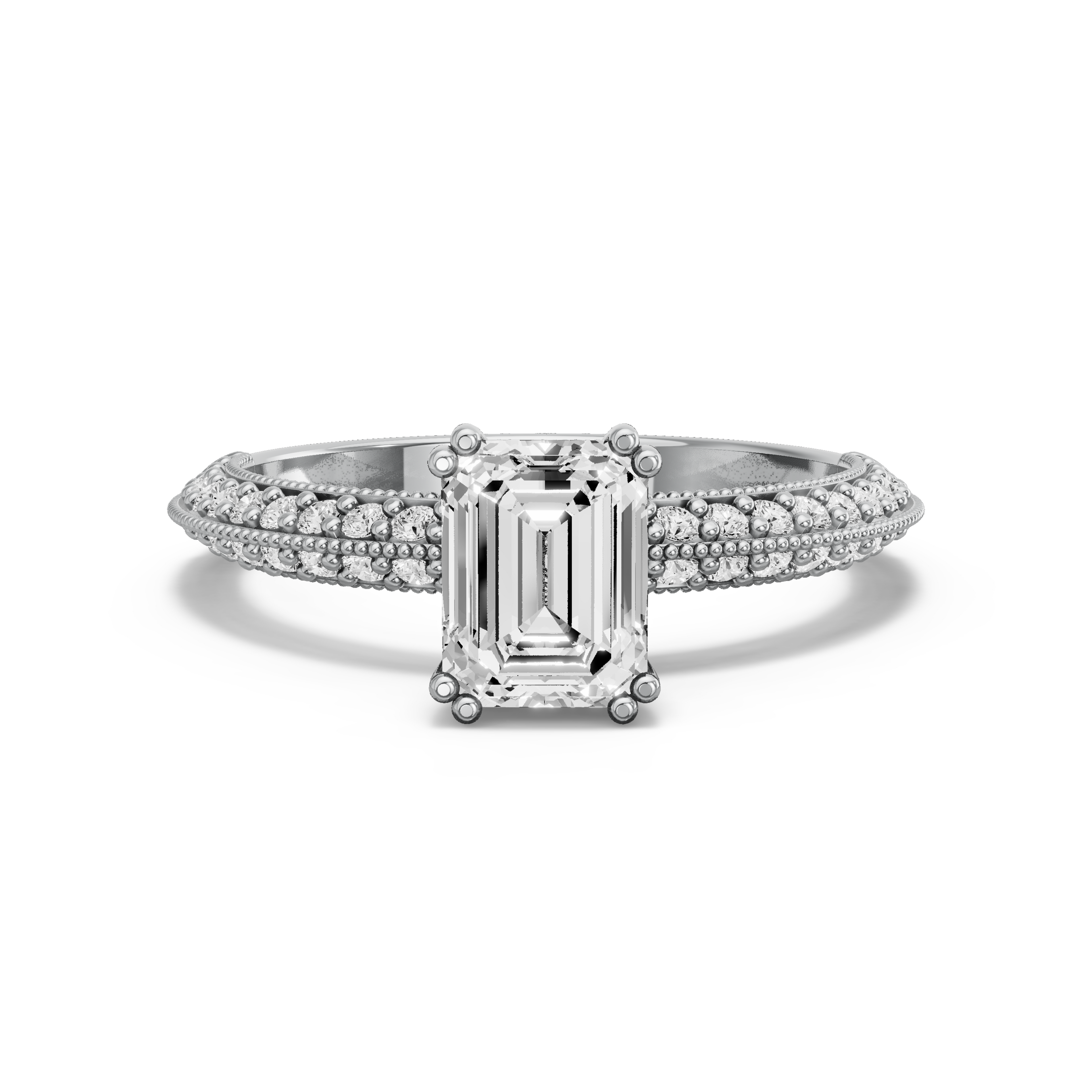 Image for Emerald Vintage Basket Ring with Knife Edge Pave band in 14K White Gold