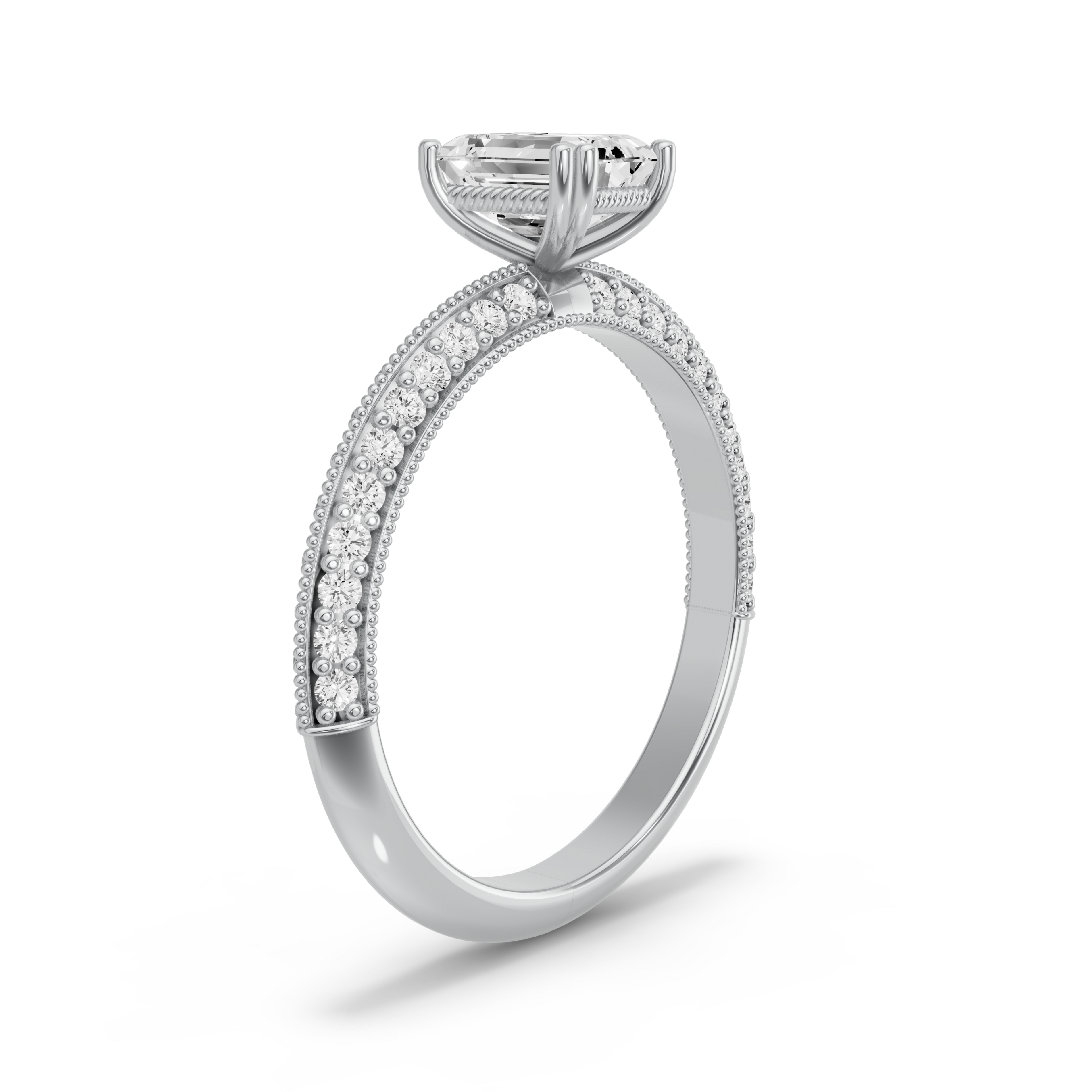 Image for Emerald Vintage Basket Ring with Knife Edge Pave band in 14K White Gold