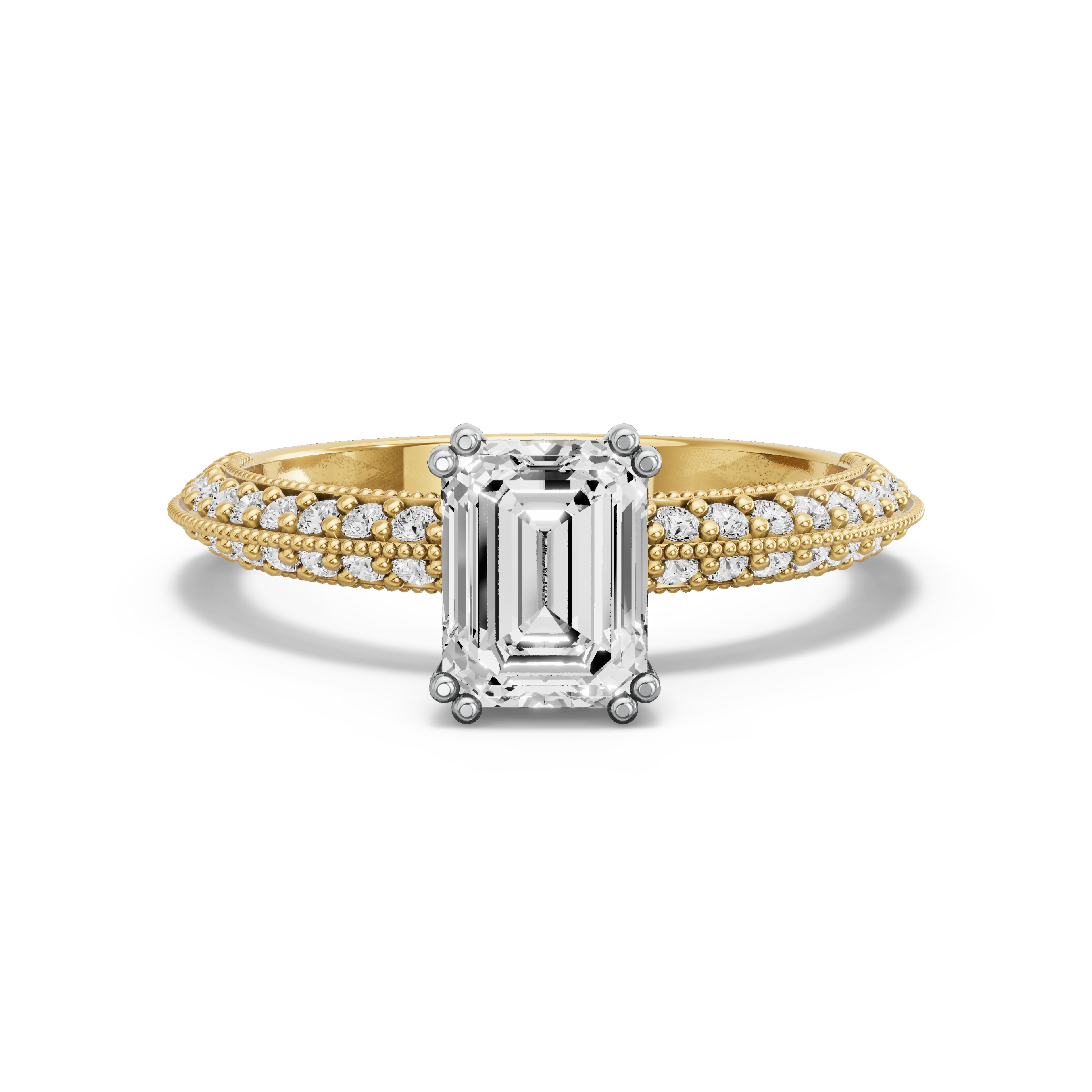 Image for Emerald Vintage Basket Ring with Knife Edge Pave band in 14K Two Tone Yellow Gold