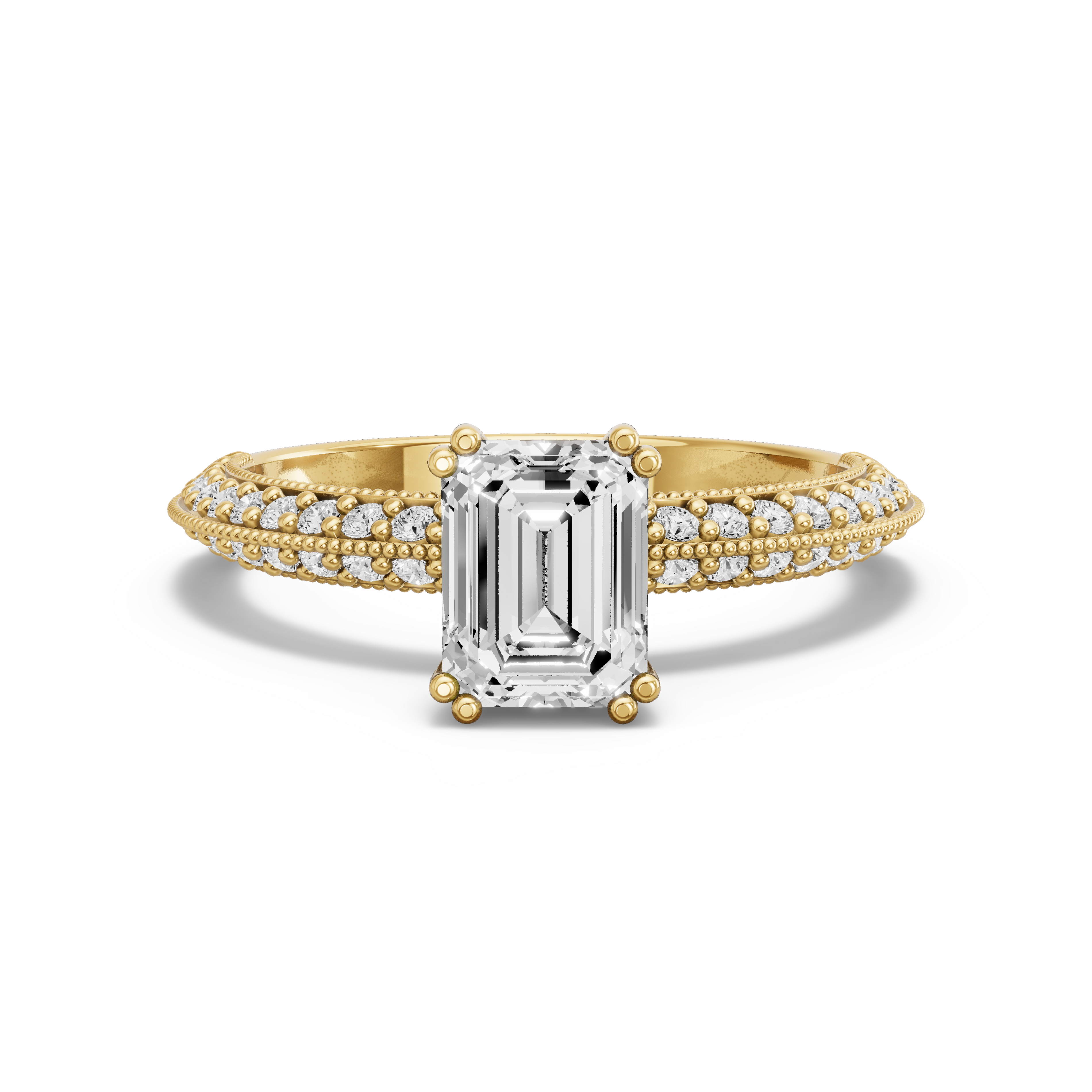 Image for Emerald Vintage Basket Ring with Knife Edge Pave band in 14K Yellow Gold