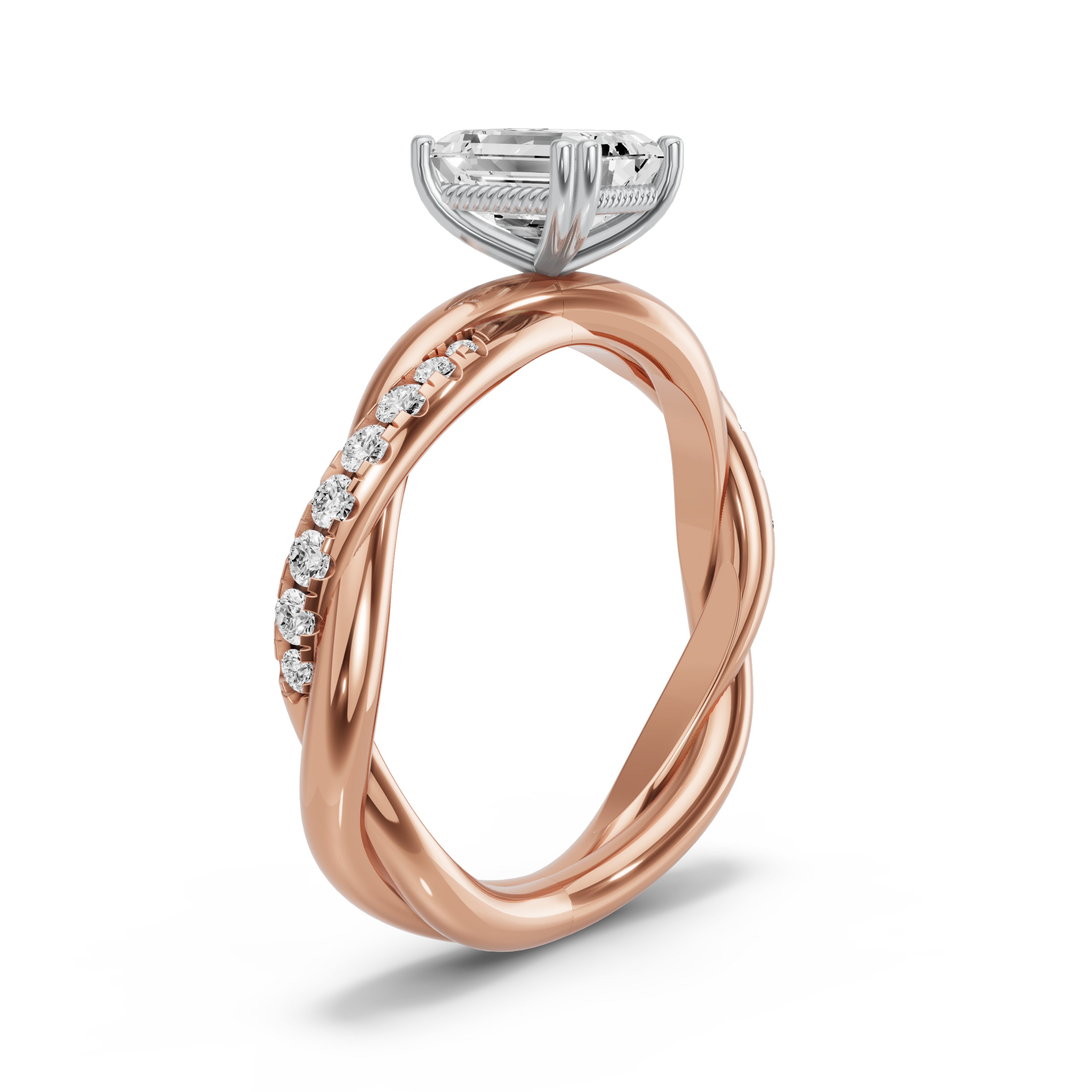 Image for Emerald Vintage Basket Ring with Rope Pave band in 14K Two Tone Rose Gold
