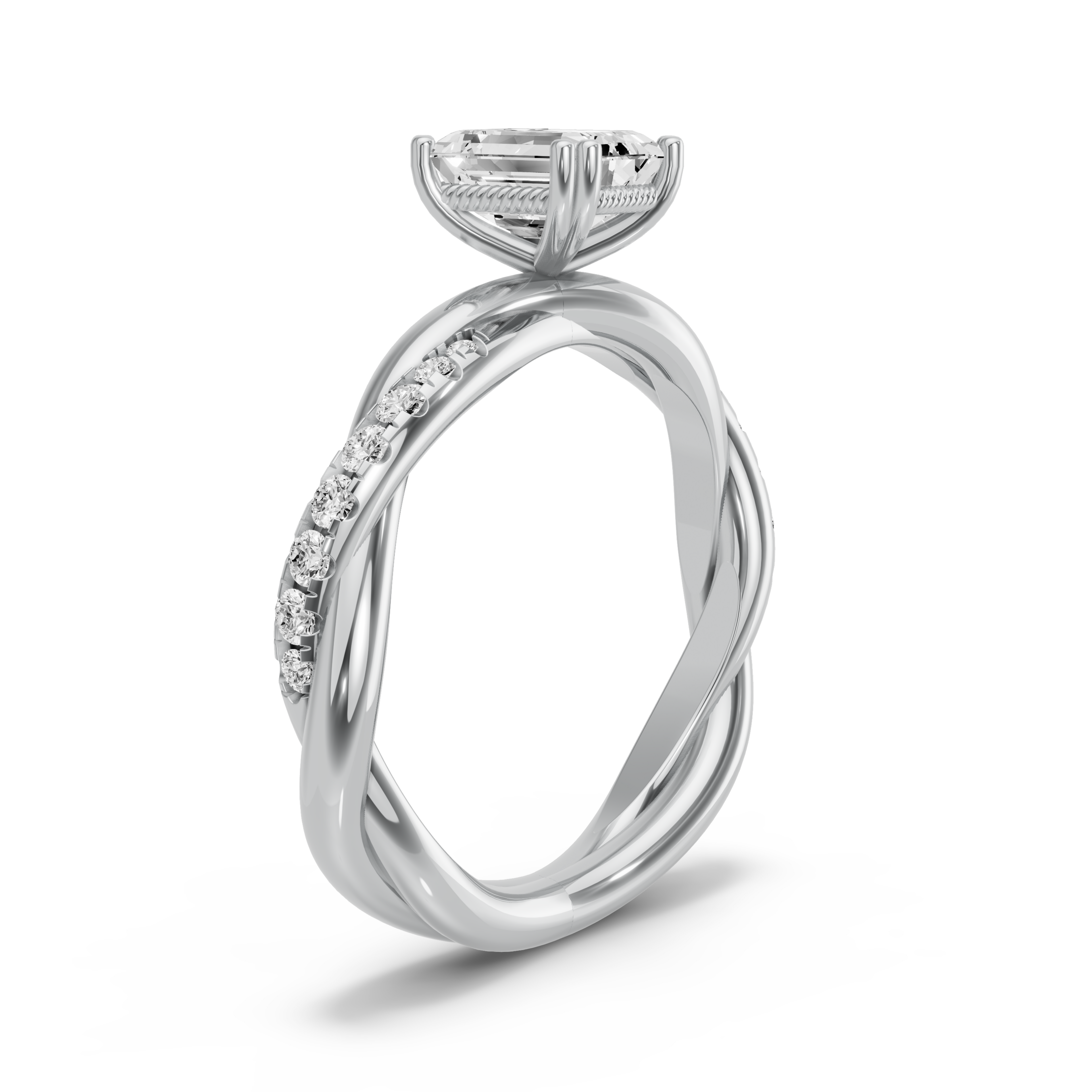 Image for Emerald Vintage Basket Ring with Rope Pave band in 14K White Gold