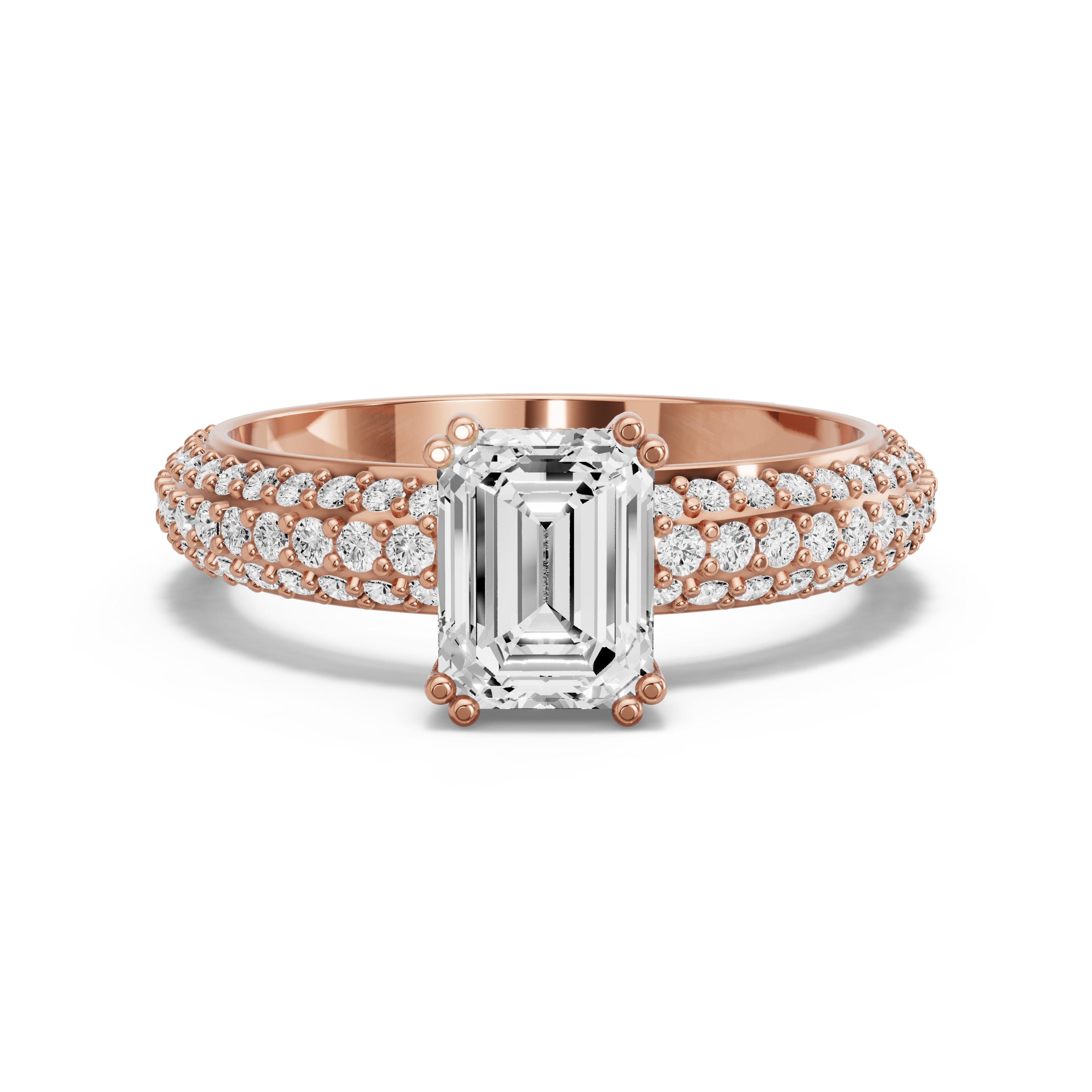 Image for Emerald Vintage Basket Ring with Triple Row Pave band in 18K Rose Gold