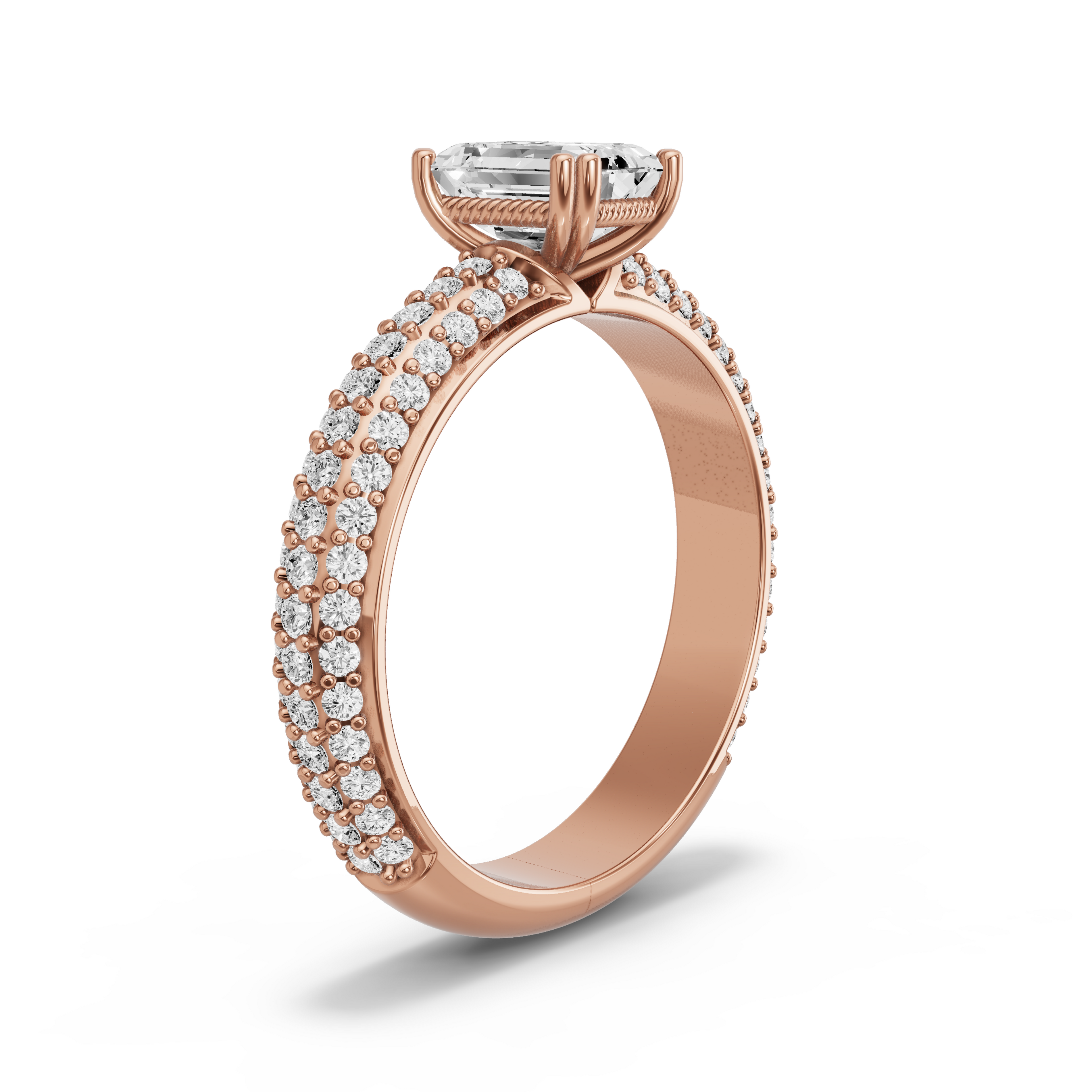 Image for Emerald Vintage Basket Ring with Triple Row Pave band in 18K Rose Gold