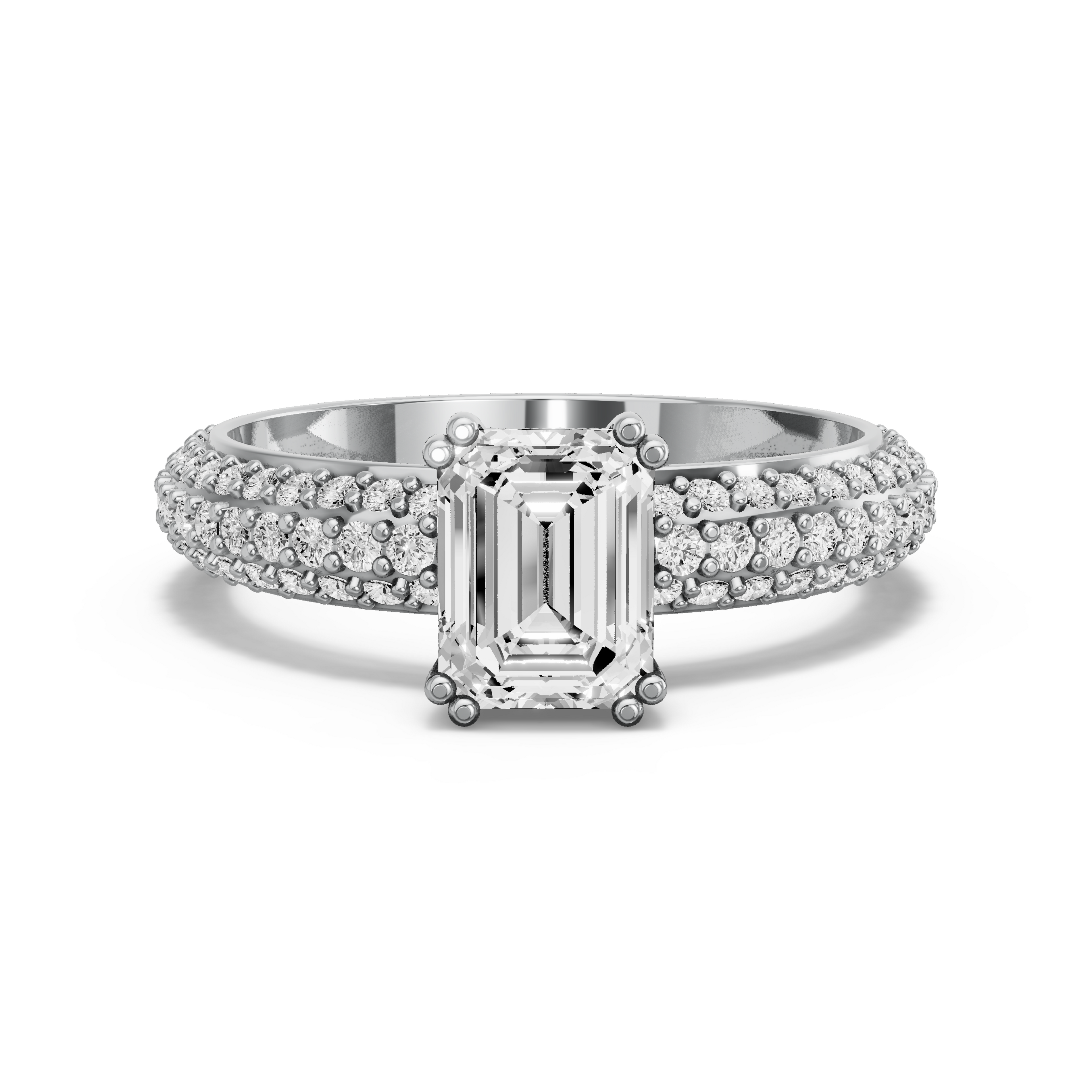 Image for Emerald Vintage Basket Ring with Triple Row Pave band in 18K White Gold