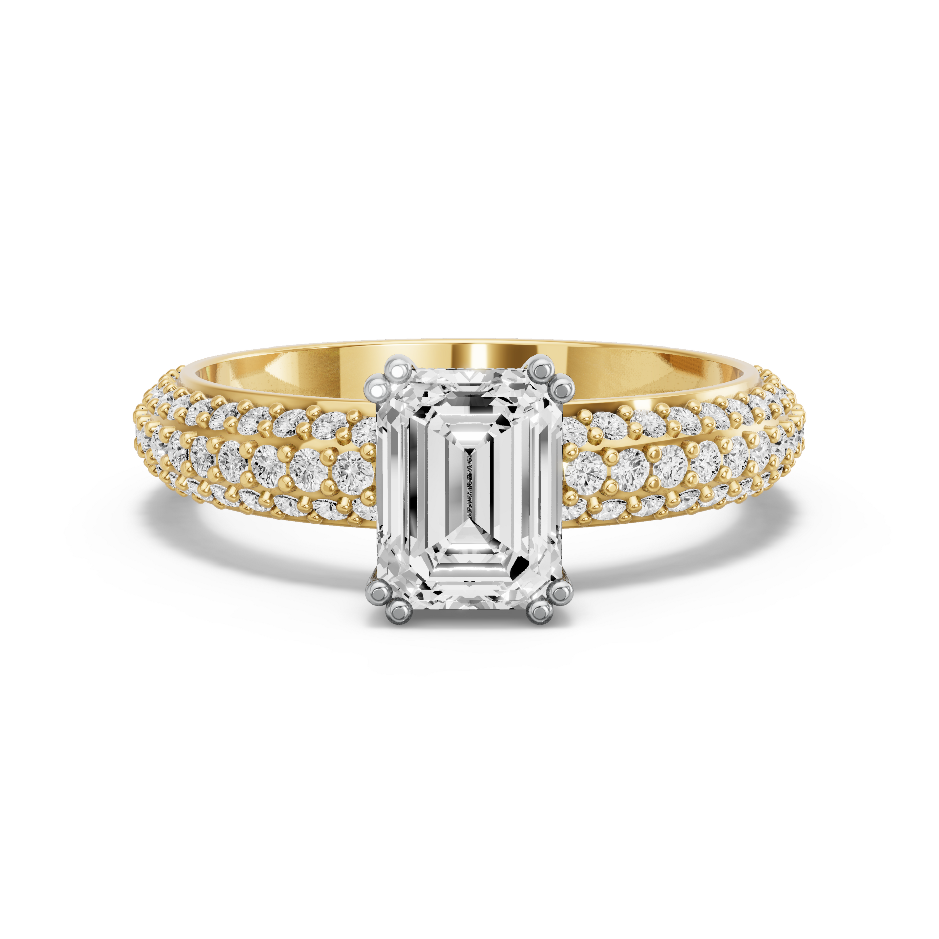 Image for Emerald Vintage Basket Ring with Triple Row Pave band in 14K Two Tone Yellow Gold