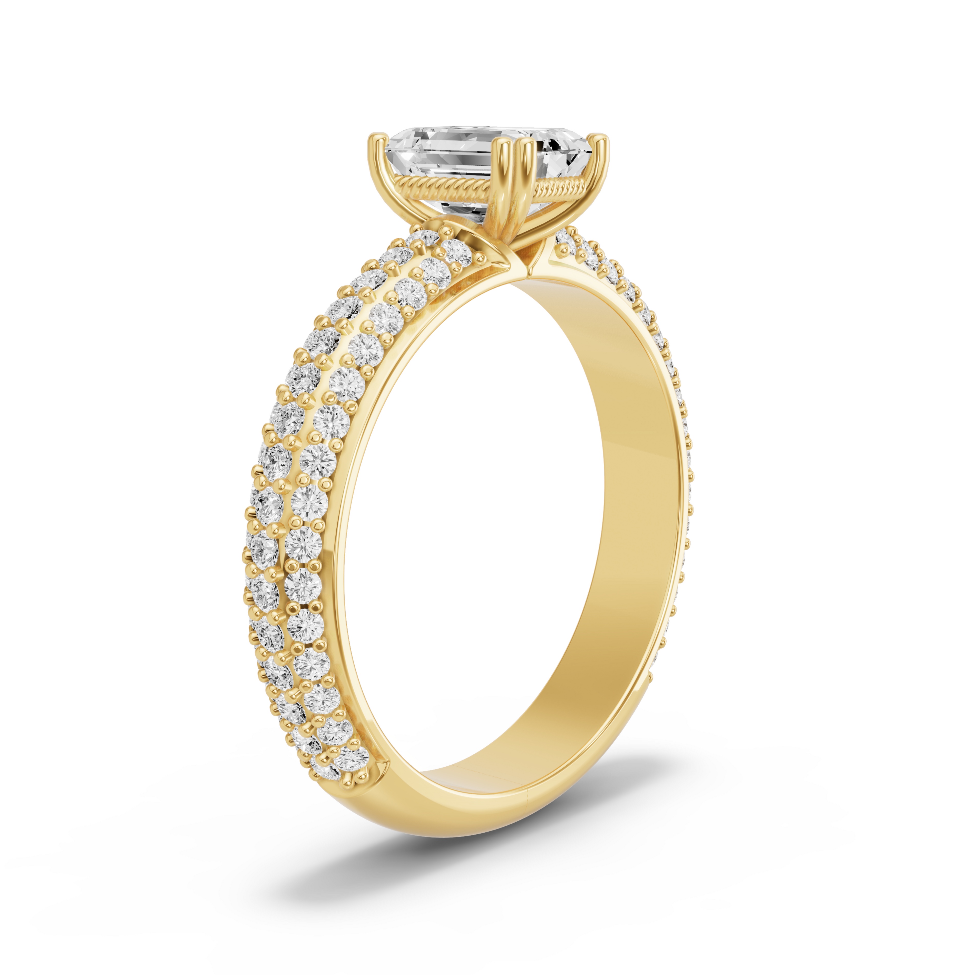Image for Emerald Vintage Basket Ring with Triple Row Pave band in 18K Yellow Gold