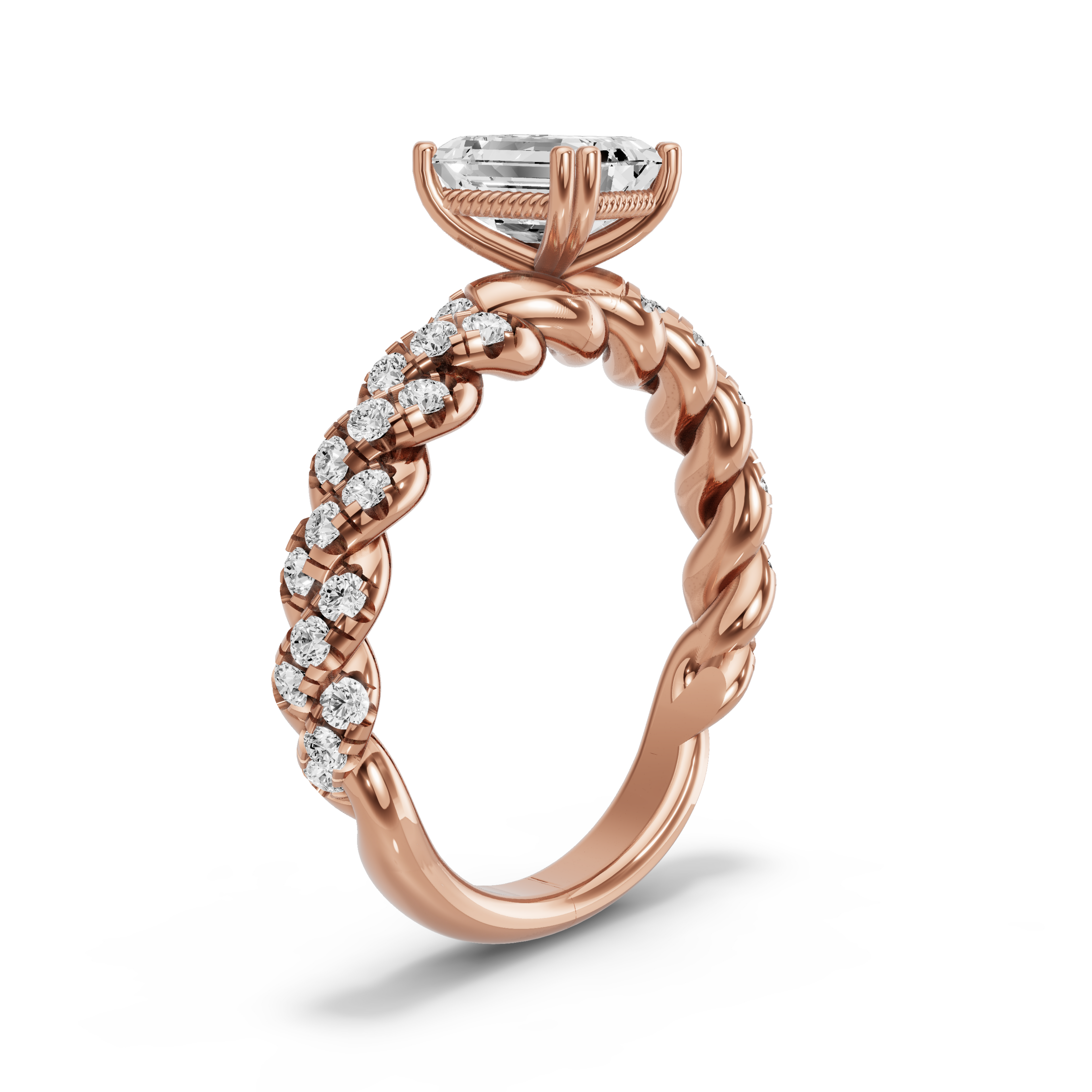 Image for Emerald Vintage Basket Ring with Twist Pave band in 10K Rose Gold
