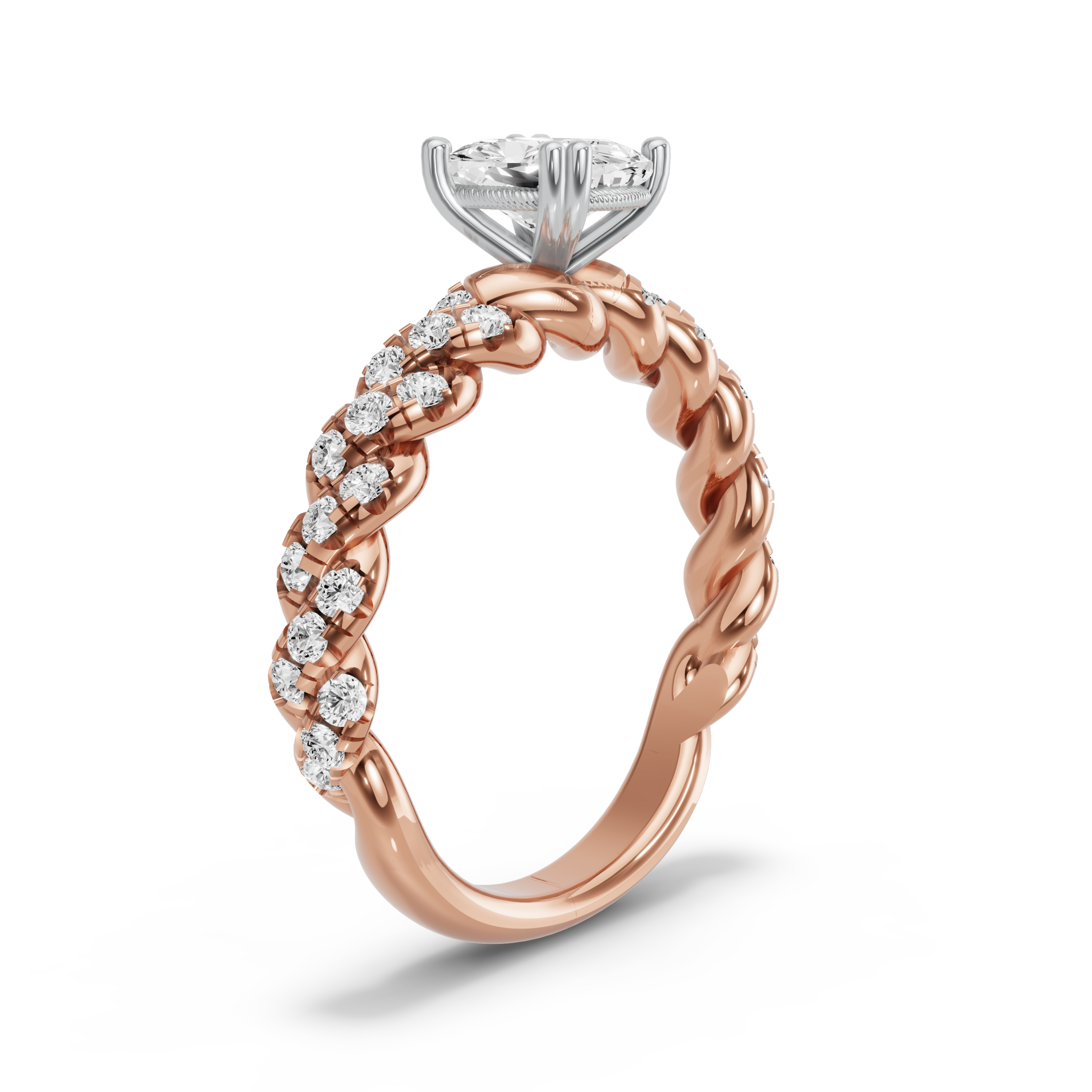 Image for Cushion Vintage Basket Ring with Twist Pave band in 18K Two Tone Rose Gold
