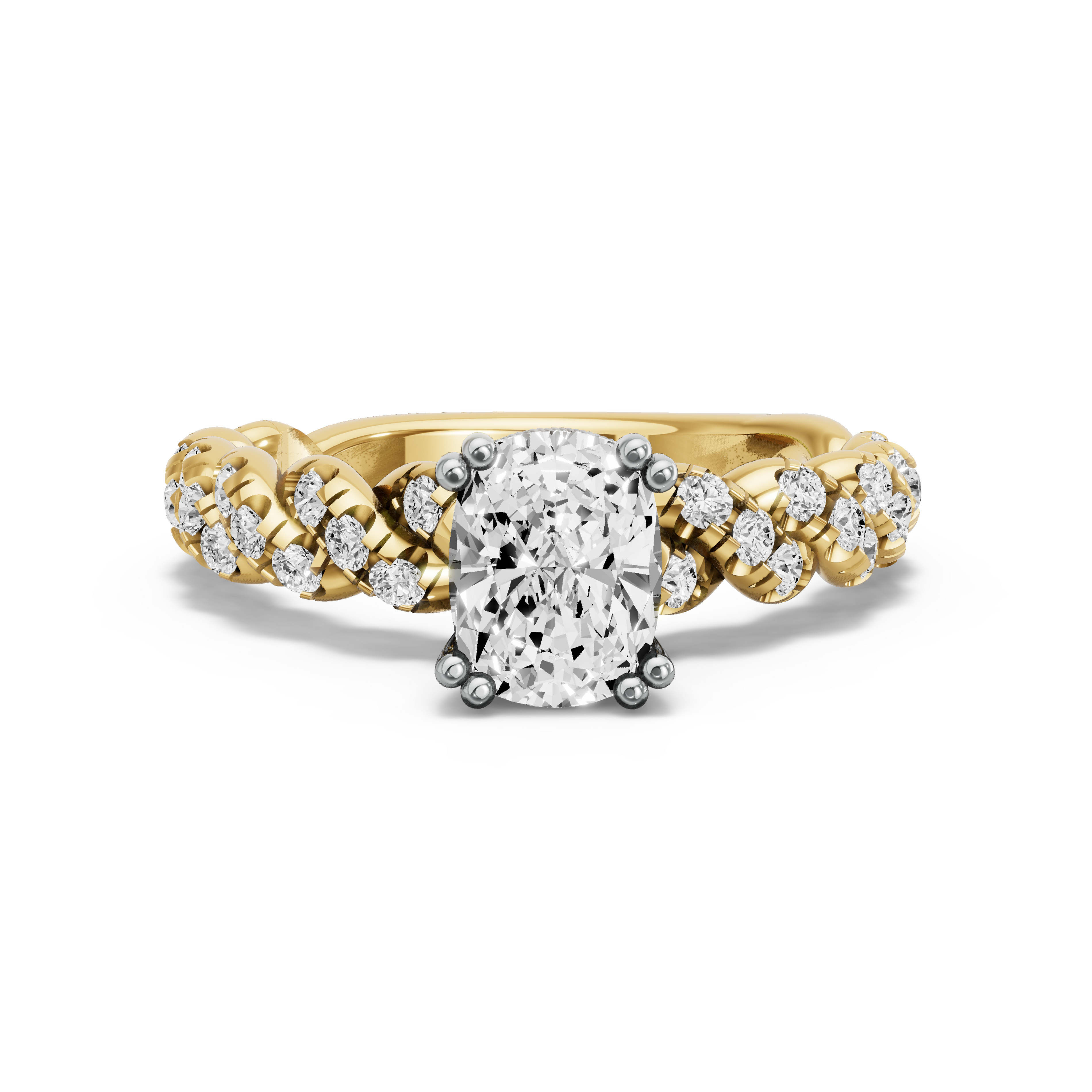 Image for Cushion Vintage Basket Ring with Twist Pave band in 18K Two Tone Yellow Gold