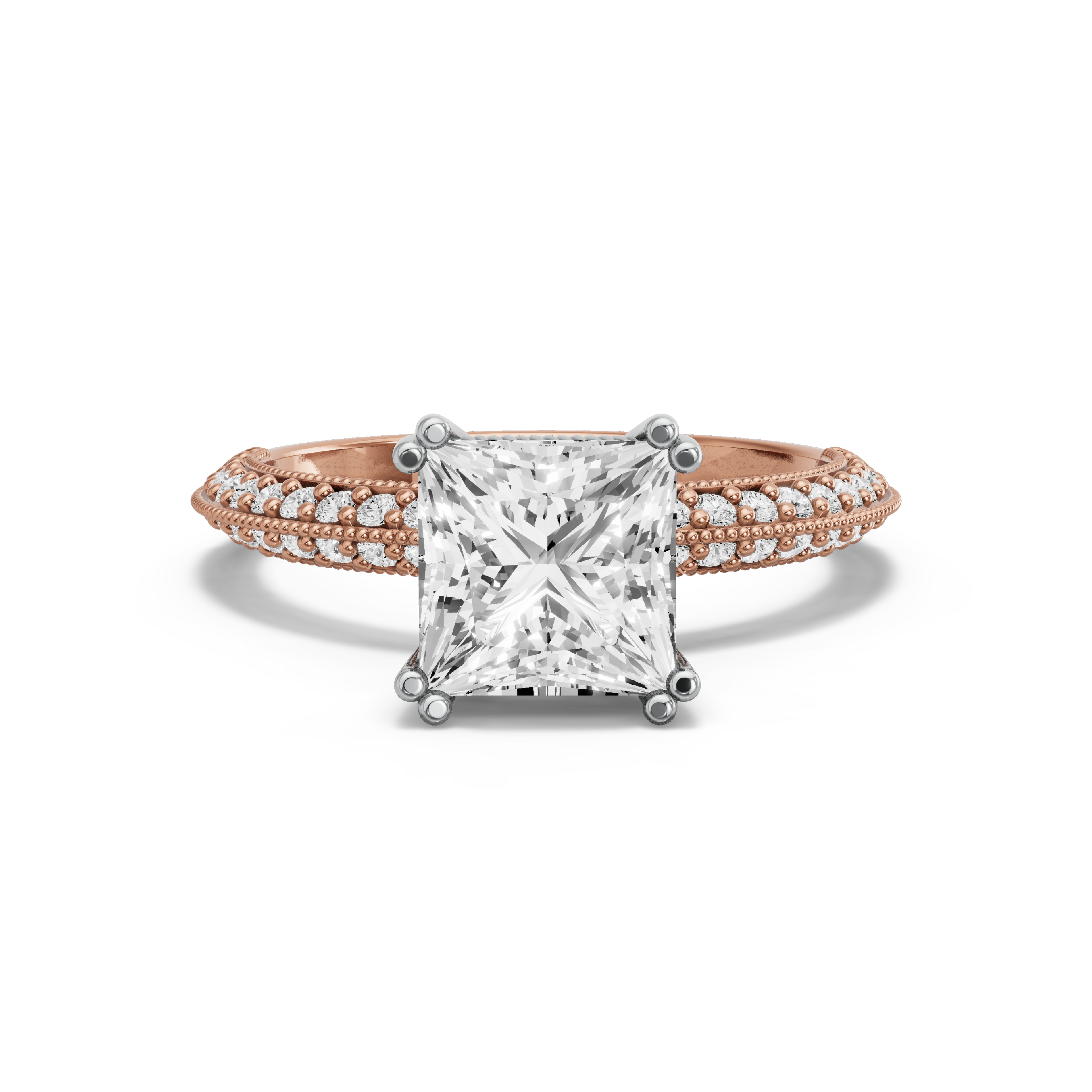 Image for Princess Vintage Basket Ring with Knife Edge Pave band in 14K Two Tone Yellow Gold