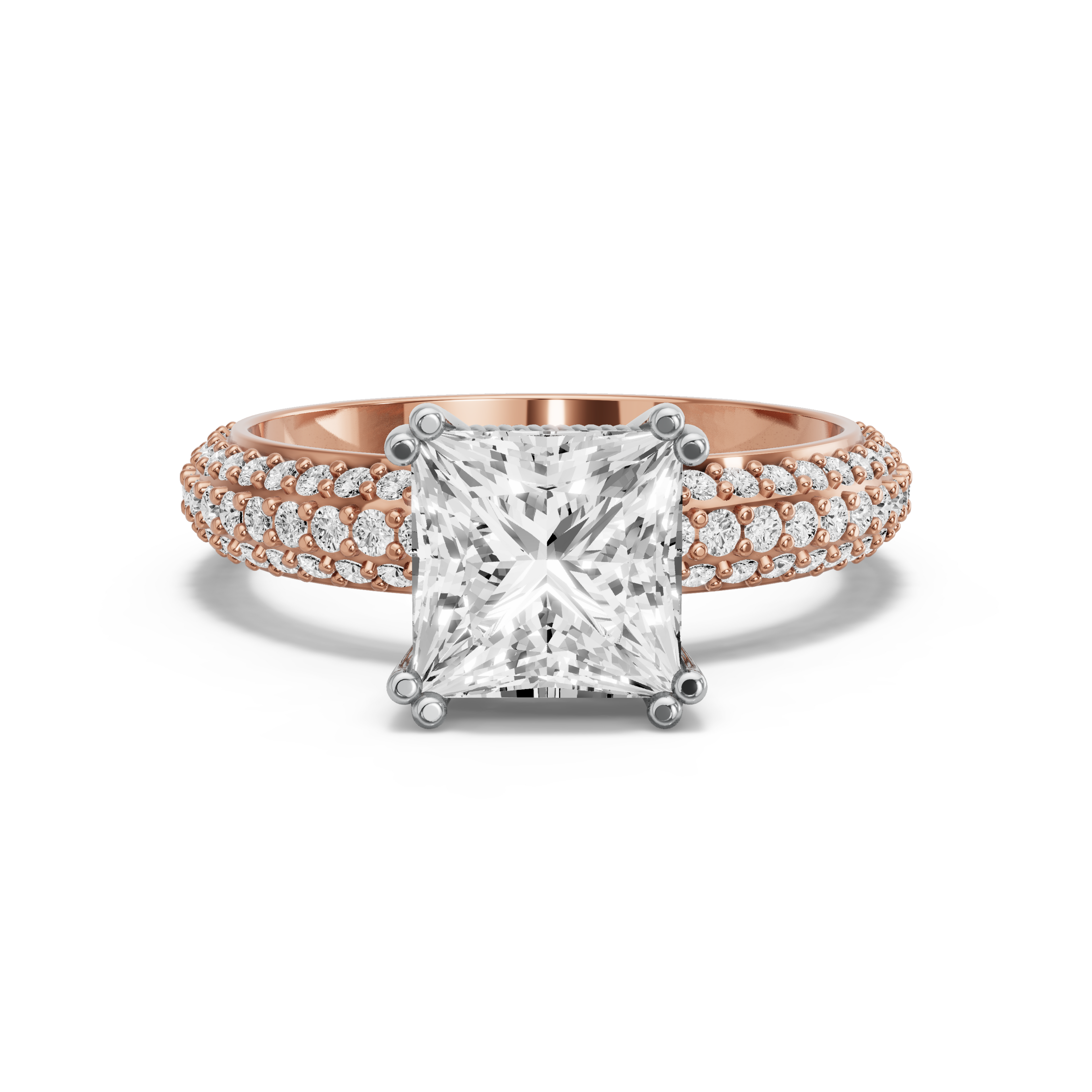 Image for Princess Vintage Basket Ring with Triple Row Pave band in 18K Two Tone Yellow Gold