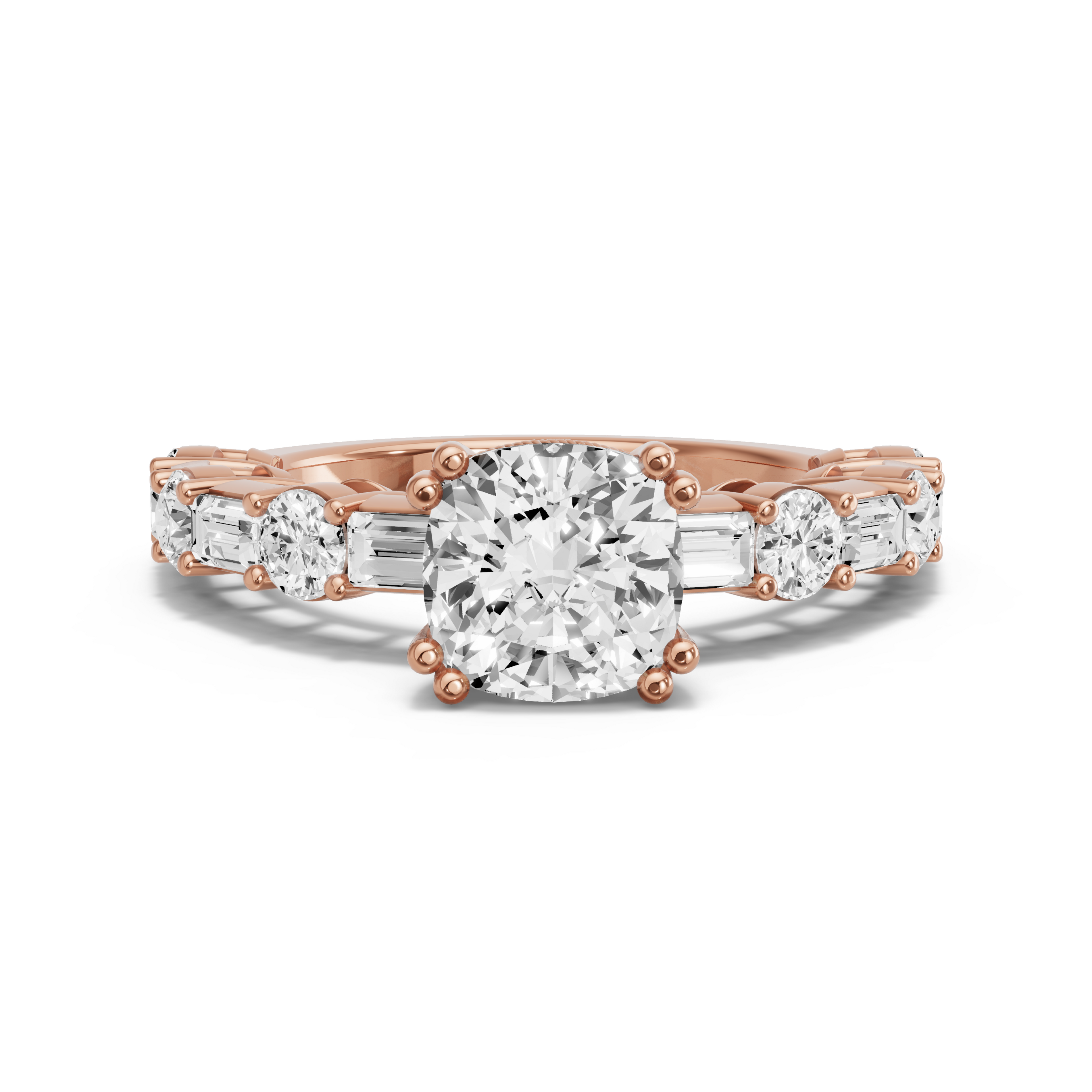 Image for Square Cushion Vintage Basket Ring with Alternating Baguette band in 10K Rose Gold