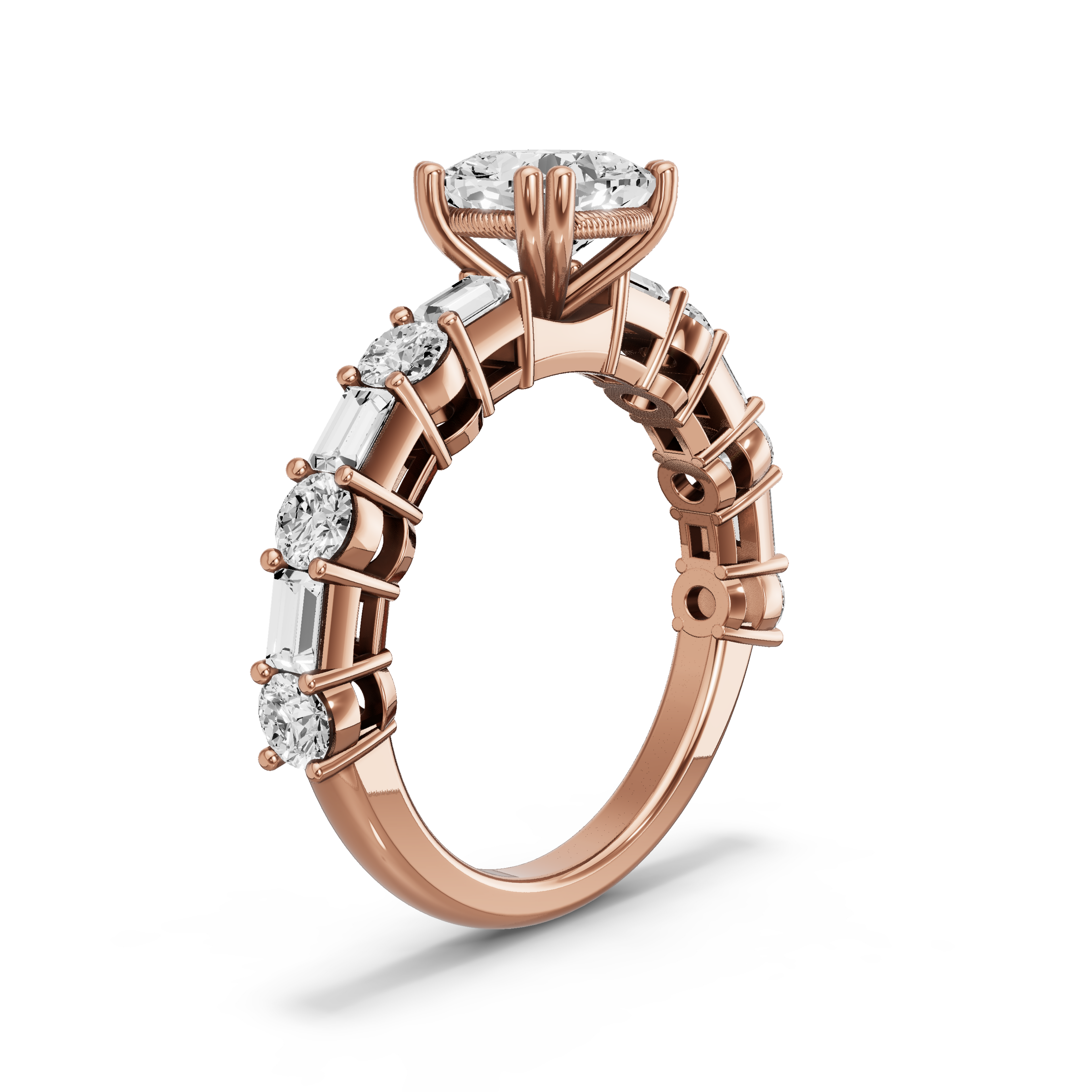 Image for Square Cushion Vintage Basket Ring with Alternating Baguette band in 14K Rose Gold