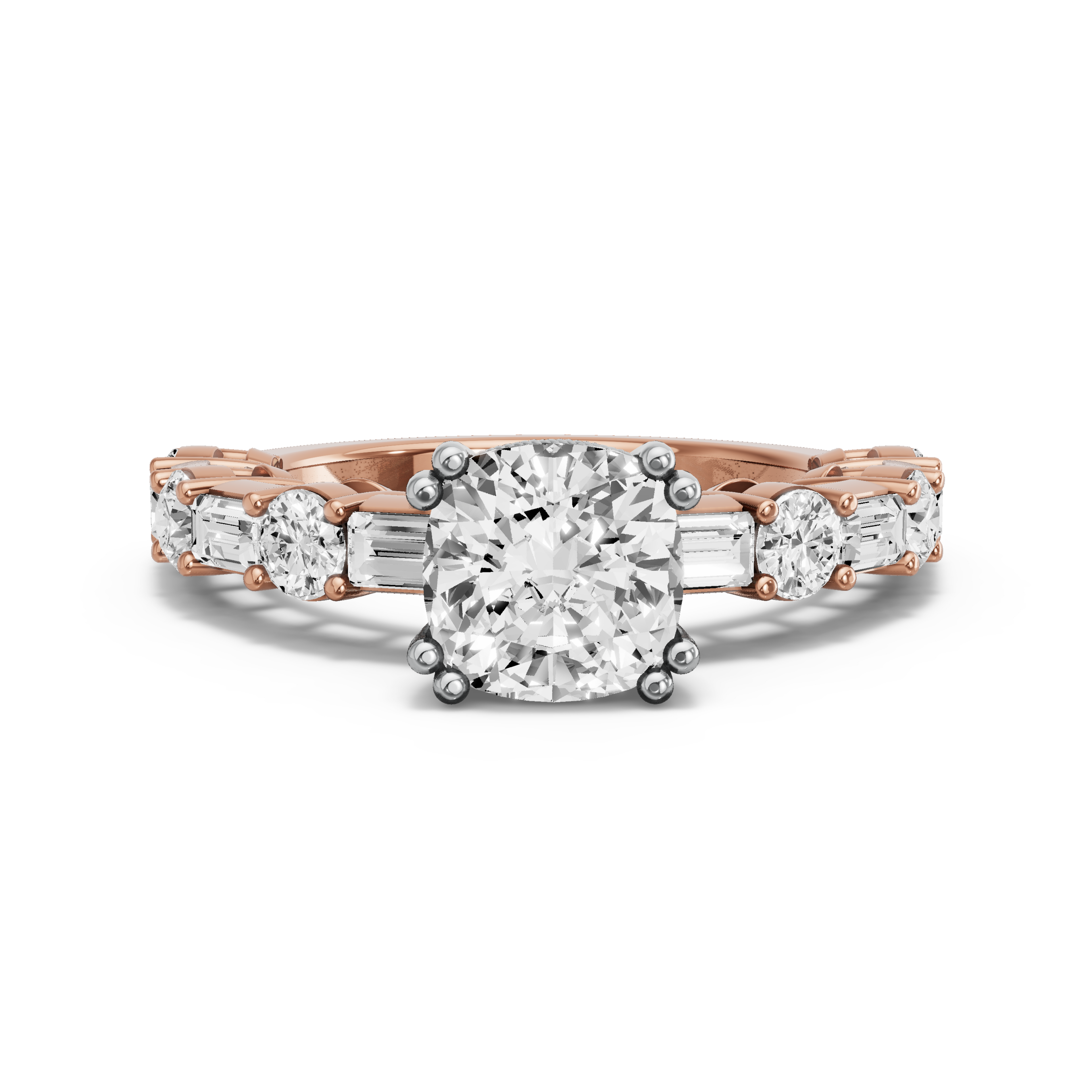 Image for Square Cushion Vintage Basket Ring with Alternating Baguette band in 14K Two Tone Rose Gold