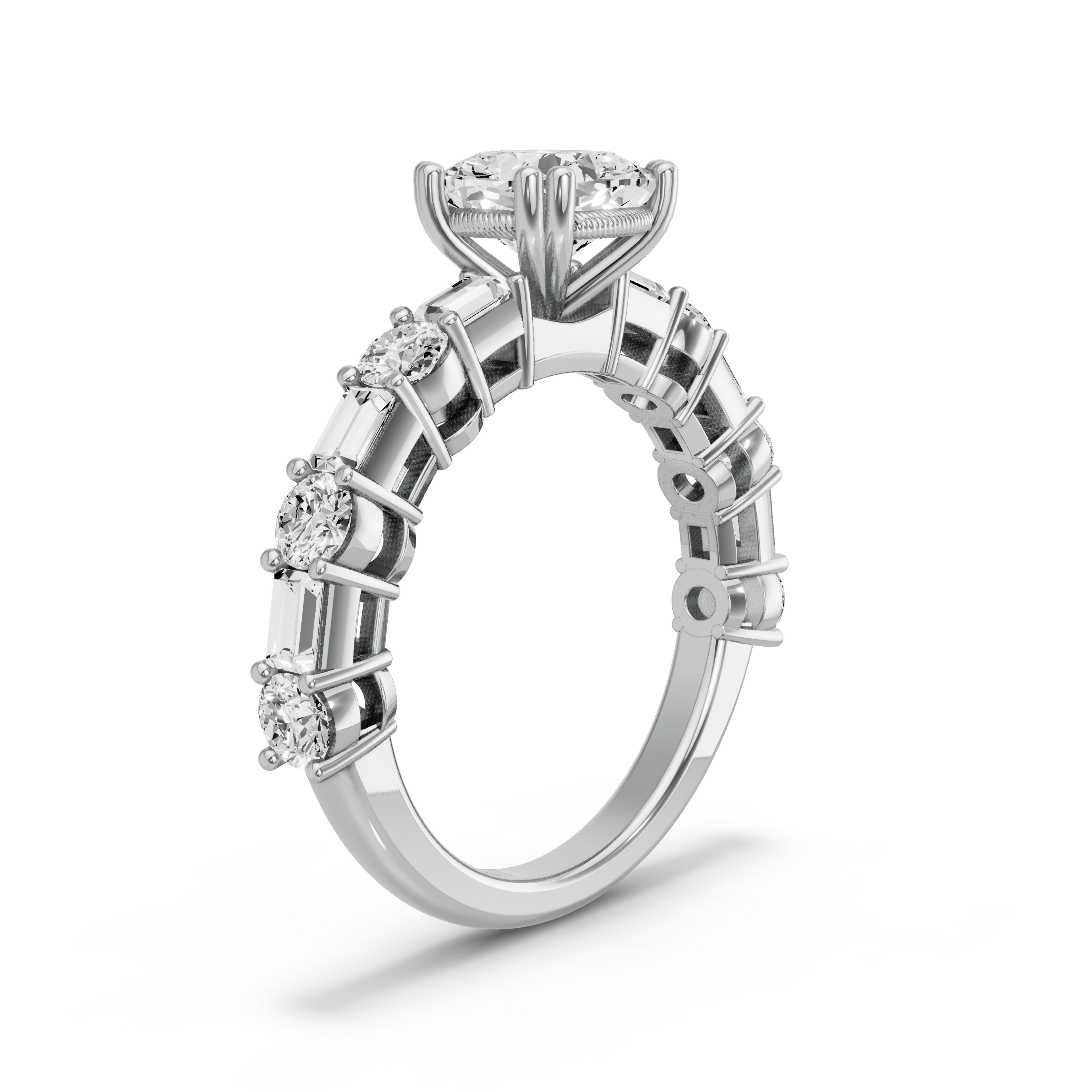Image for Square Cushion Vintage Basket Ring with Alternating Baguette band in 10K White Gold