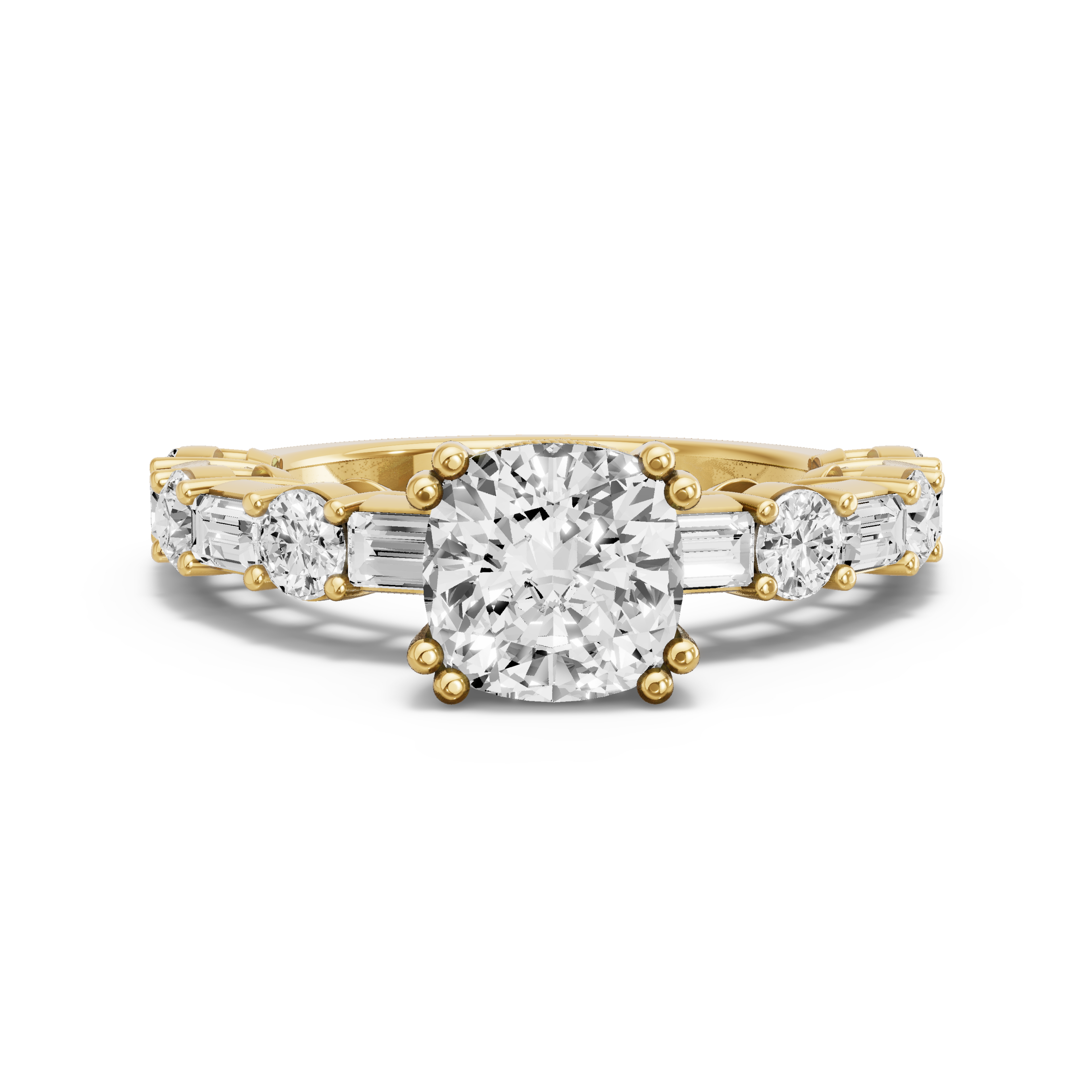 Image for Square Cushion Vintage Basket Ring with Alternating Baguette band in 18K Yellow Gold