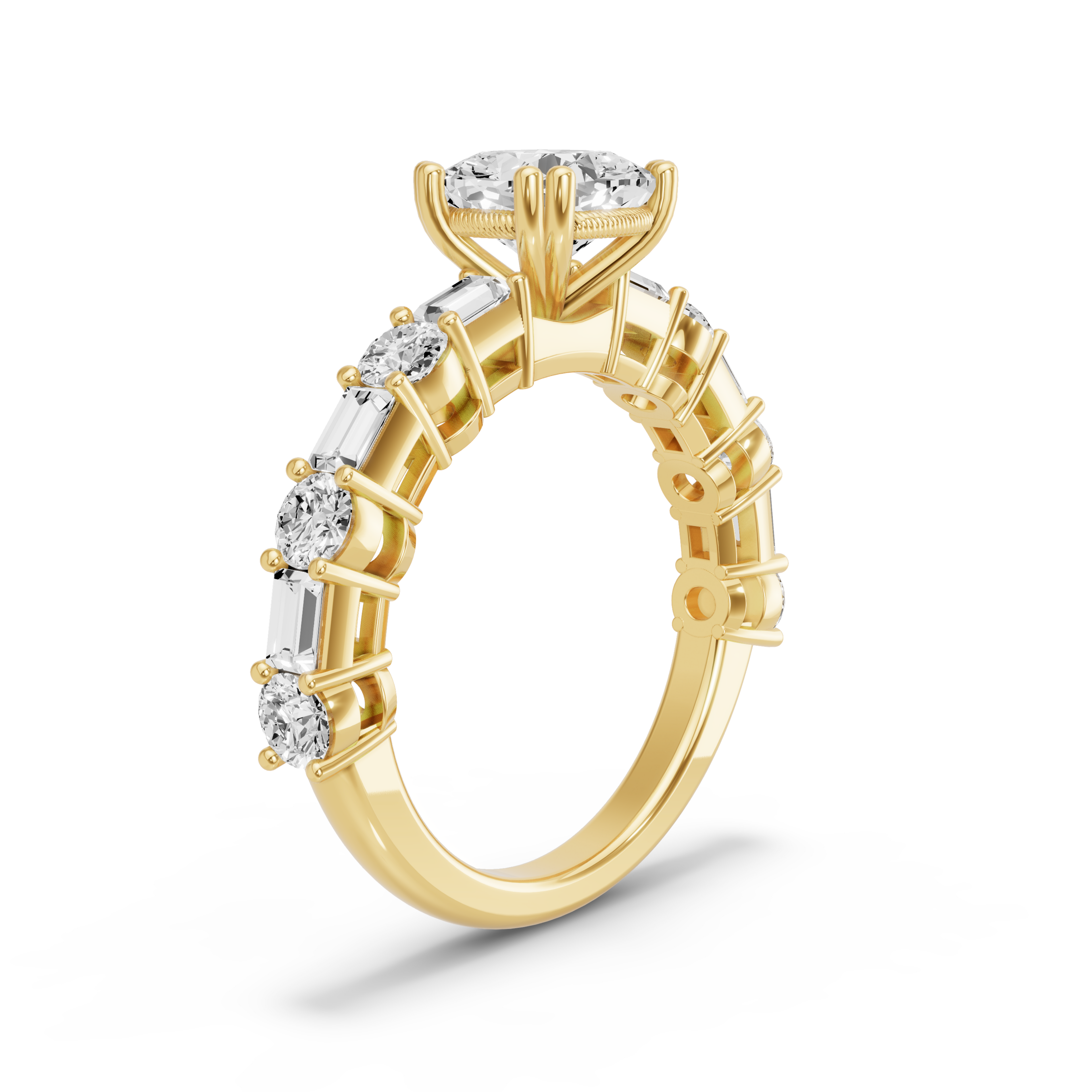 Image for Square Cushion Vintage Basket Ring with Alternating Baguette band in 10K Yellow Gold