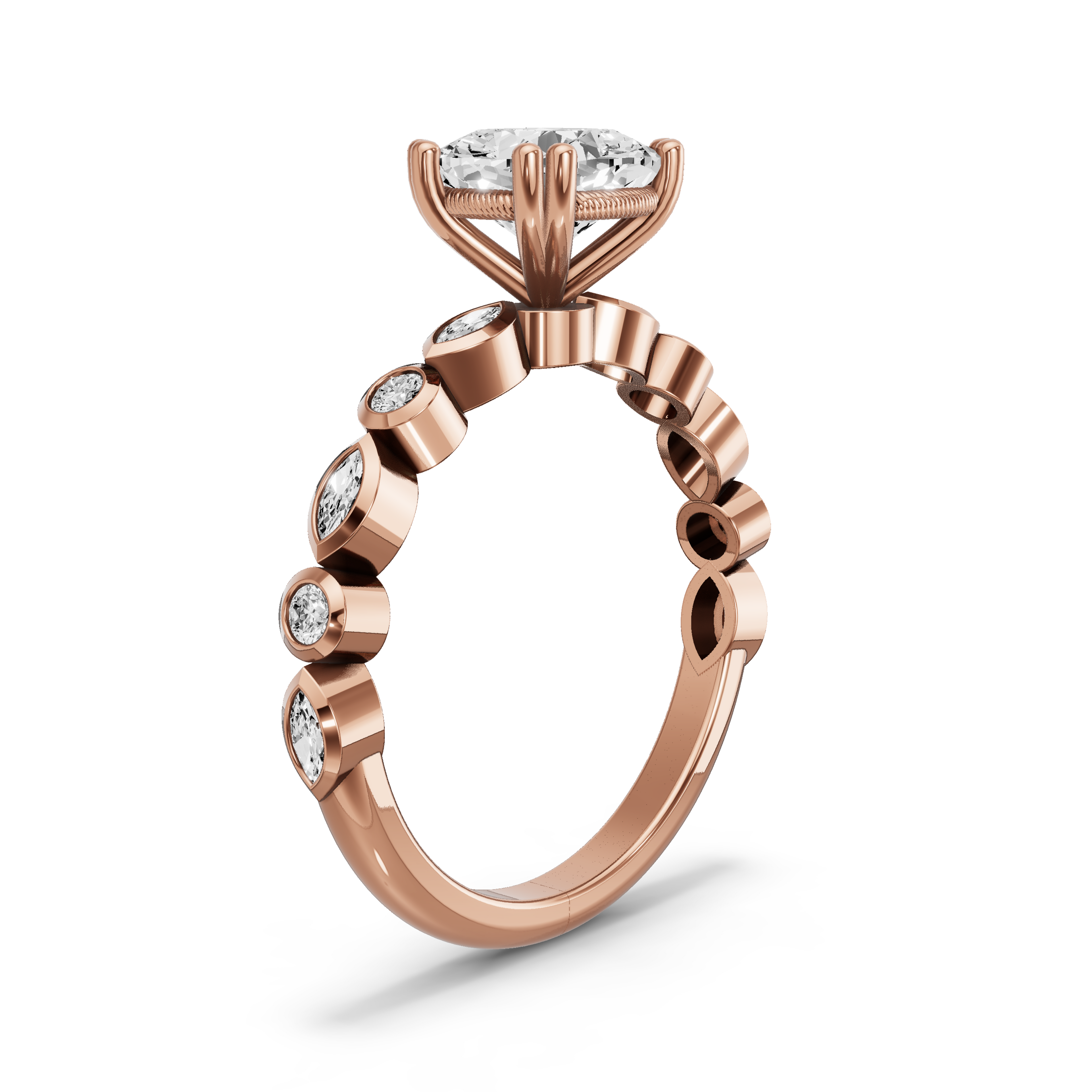 Image for Square Cushion Vintage Basket Ring with Alternating Marquise band in 10K Rose Gold