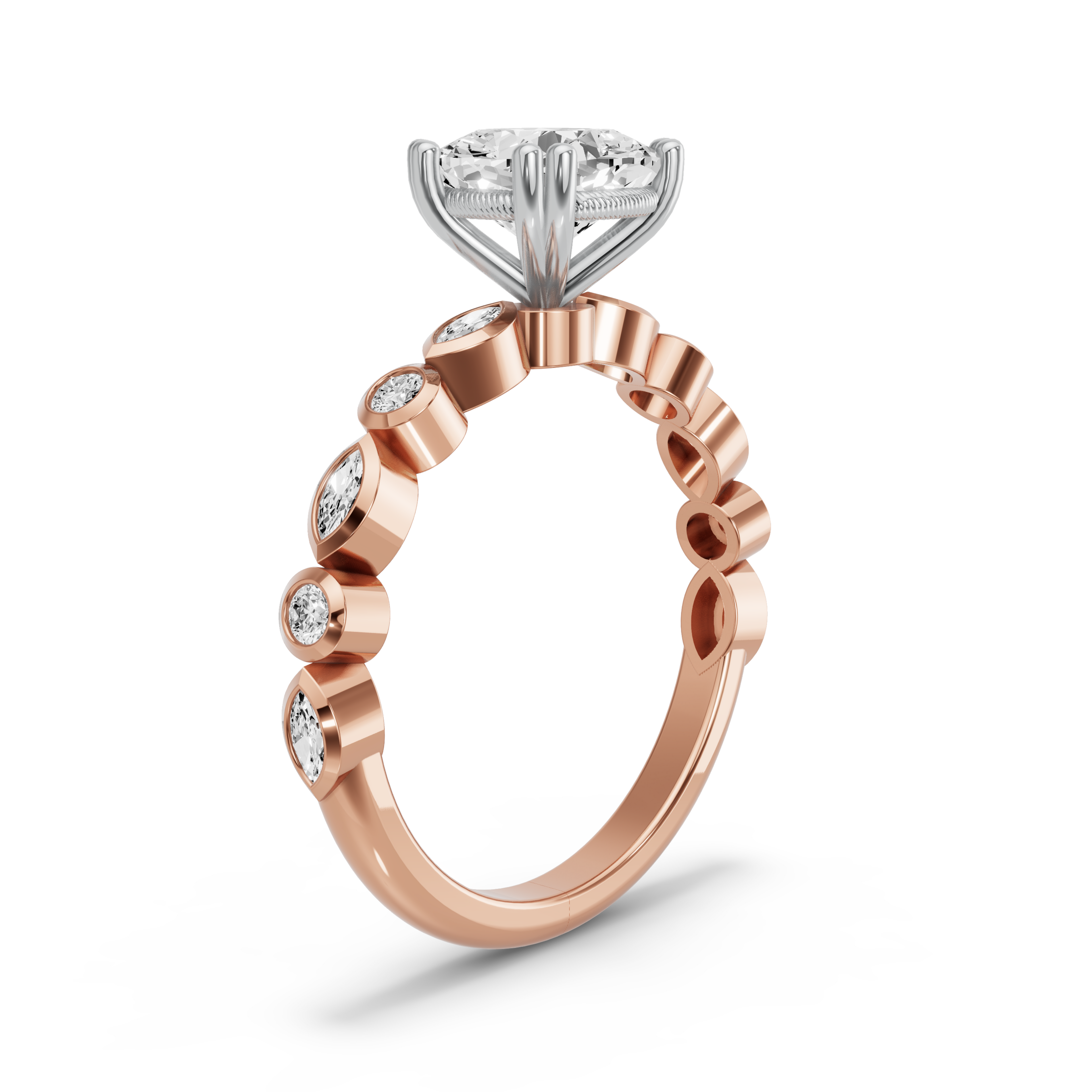 Image for Square Cushion Vintage Basket Ring with Alternating Marquise band in 10K Two Tone Rose Gold