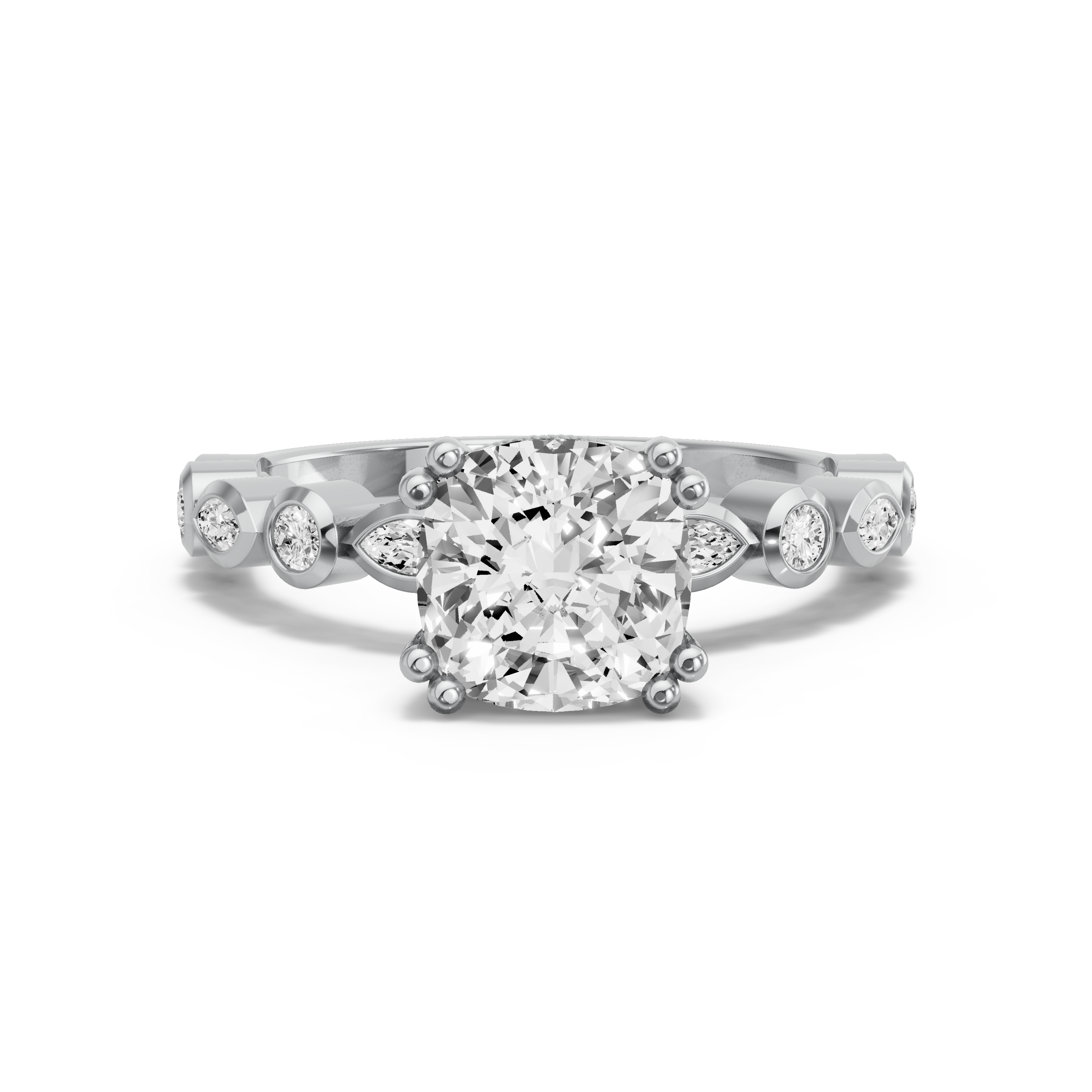 Image for Square Cushion Vintage Basket Ring with Alternating Marquise band in 18K White Gold