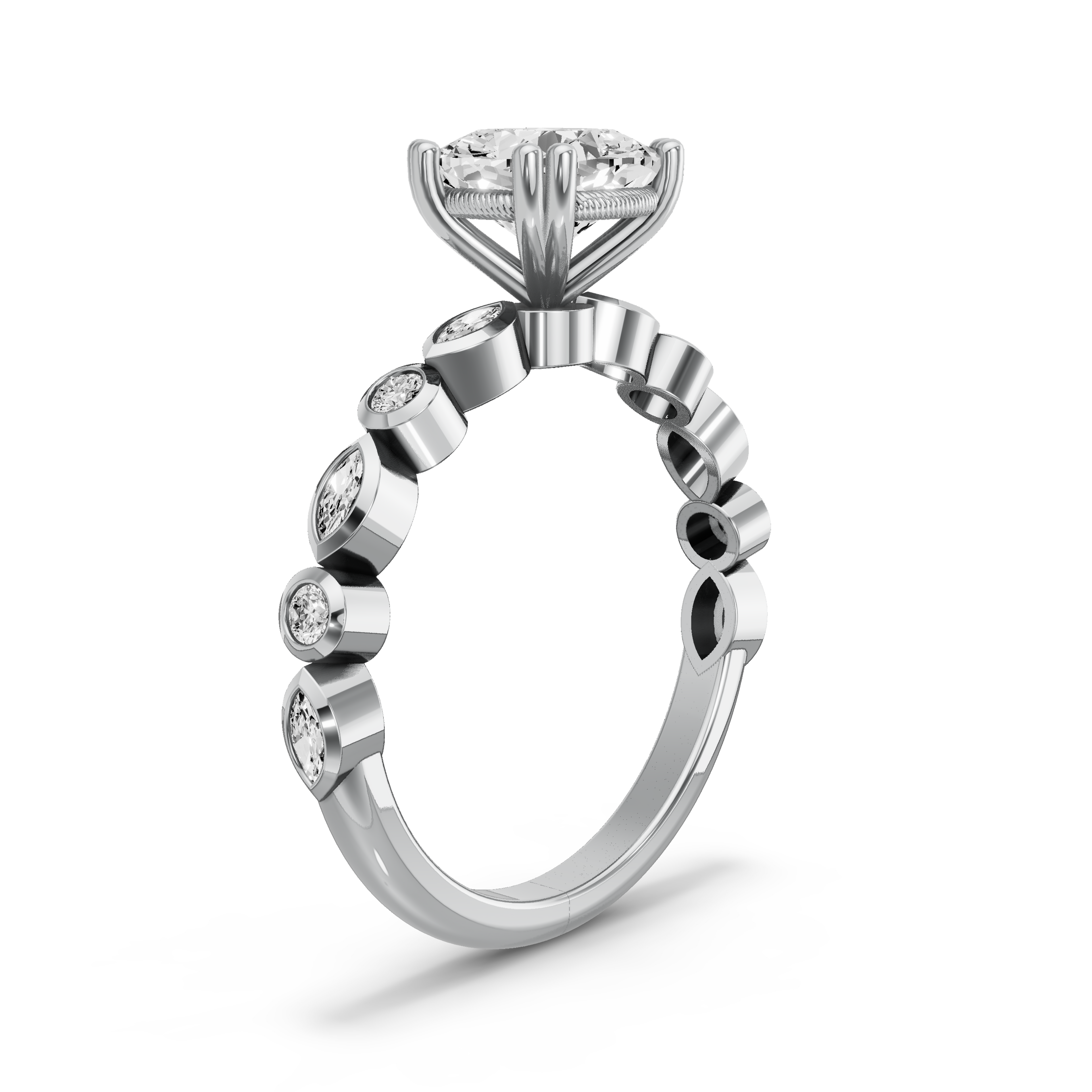 Image for Square Cushion Vintage Basket Ring with Alternating Marquise band in 950 Platinum