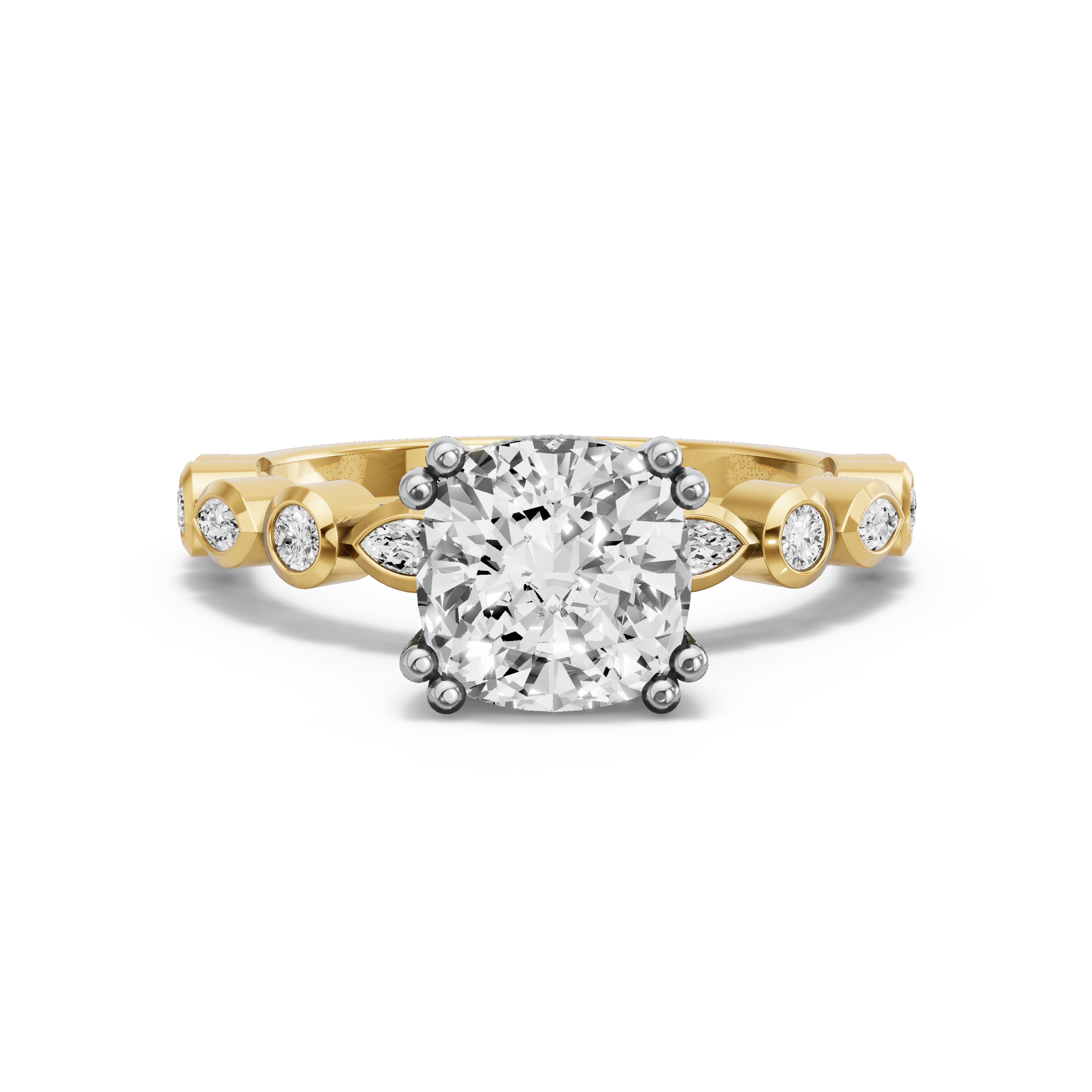Image for Square Cushion Vintage Basket Ring with Alternating Marquise band in 18K Two Tone Yellow Gold