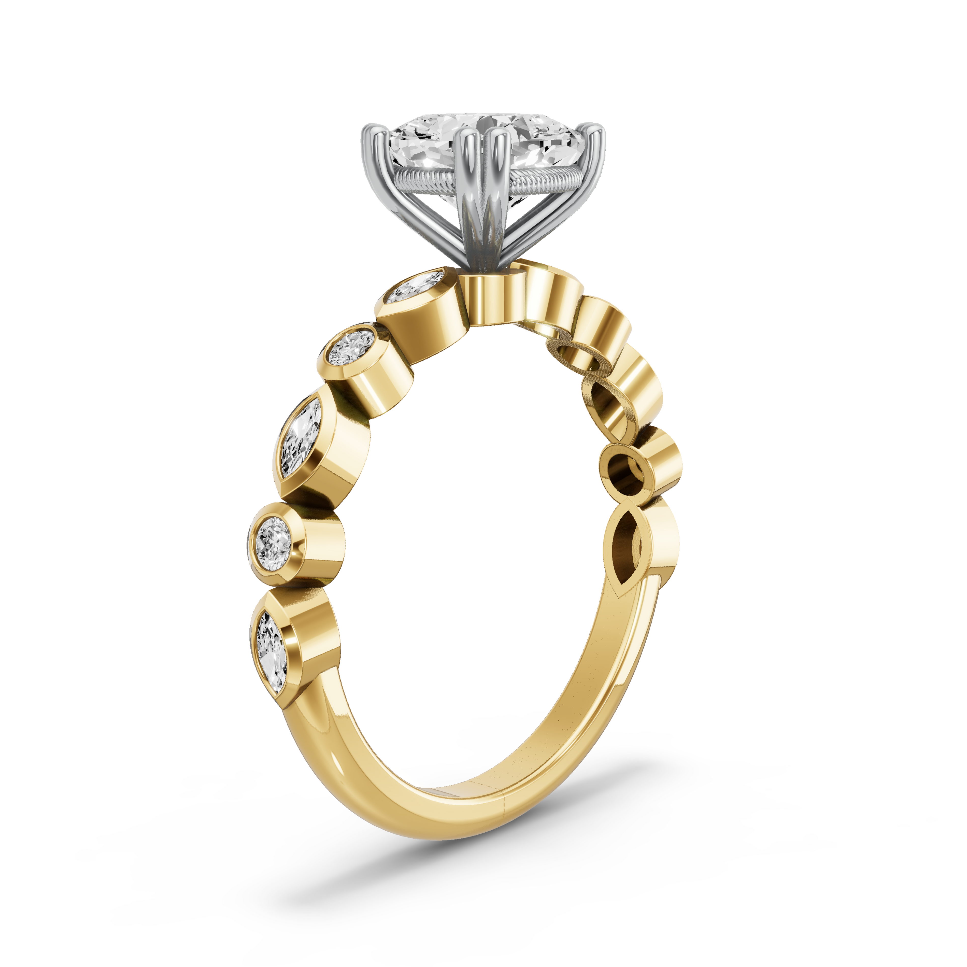 Image for Square Cushion Vintage Basket Ring with Alternating Marquise band in 18K Two Tone Yellow Gold