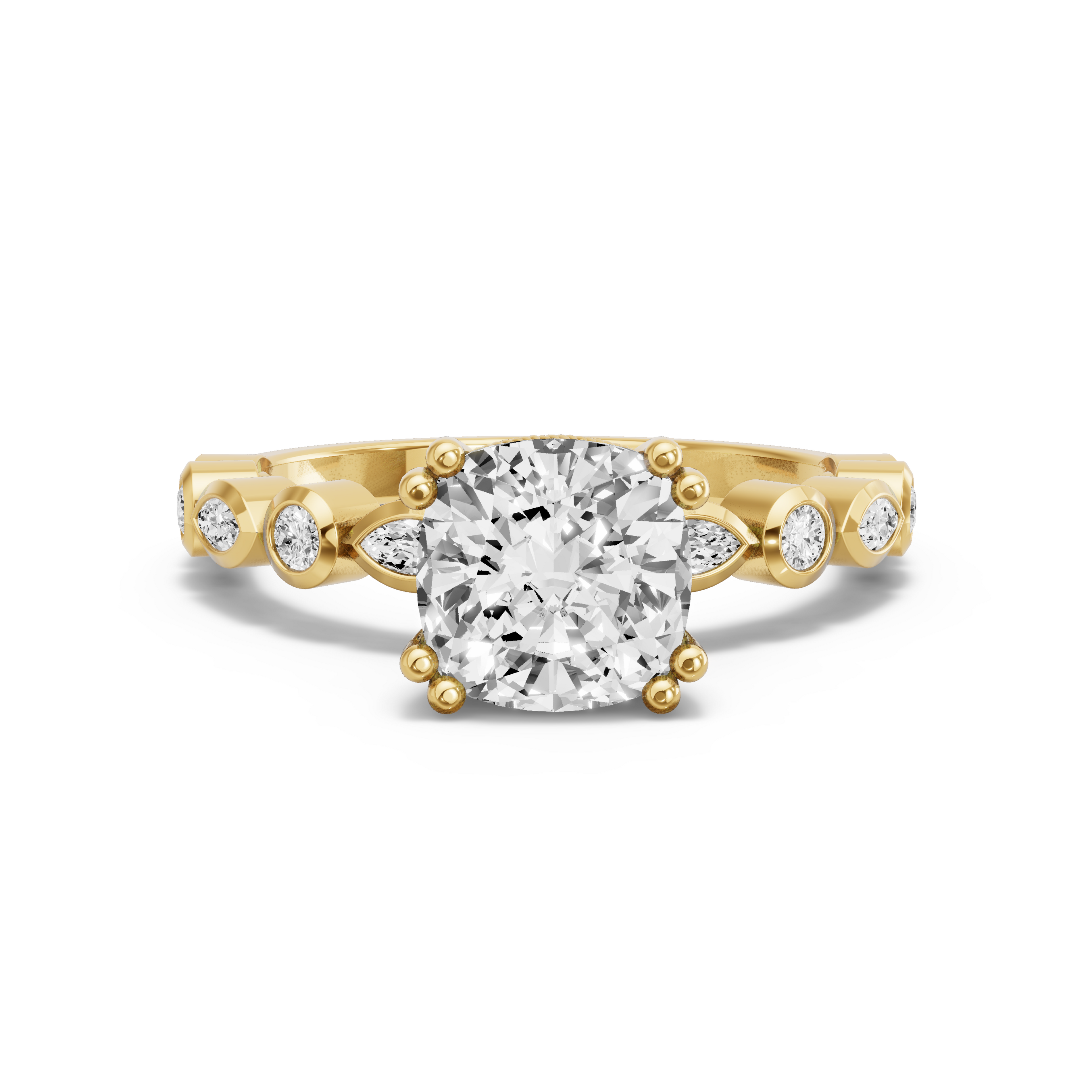 Image for Square Cushion Vintage Basket Ring with Alternating Marquise band in 18K Yellow Gold