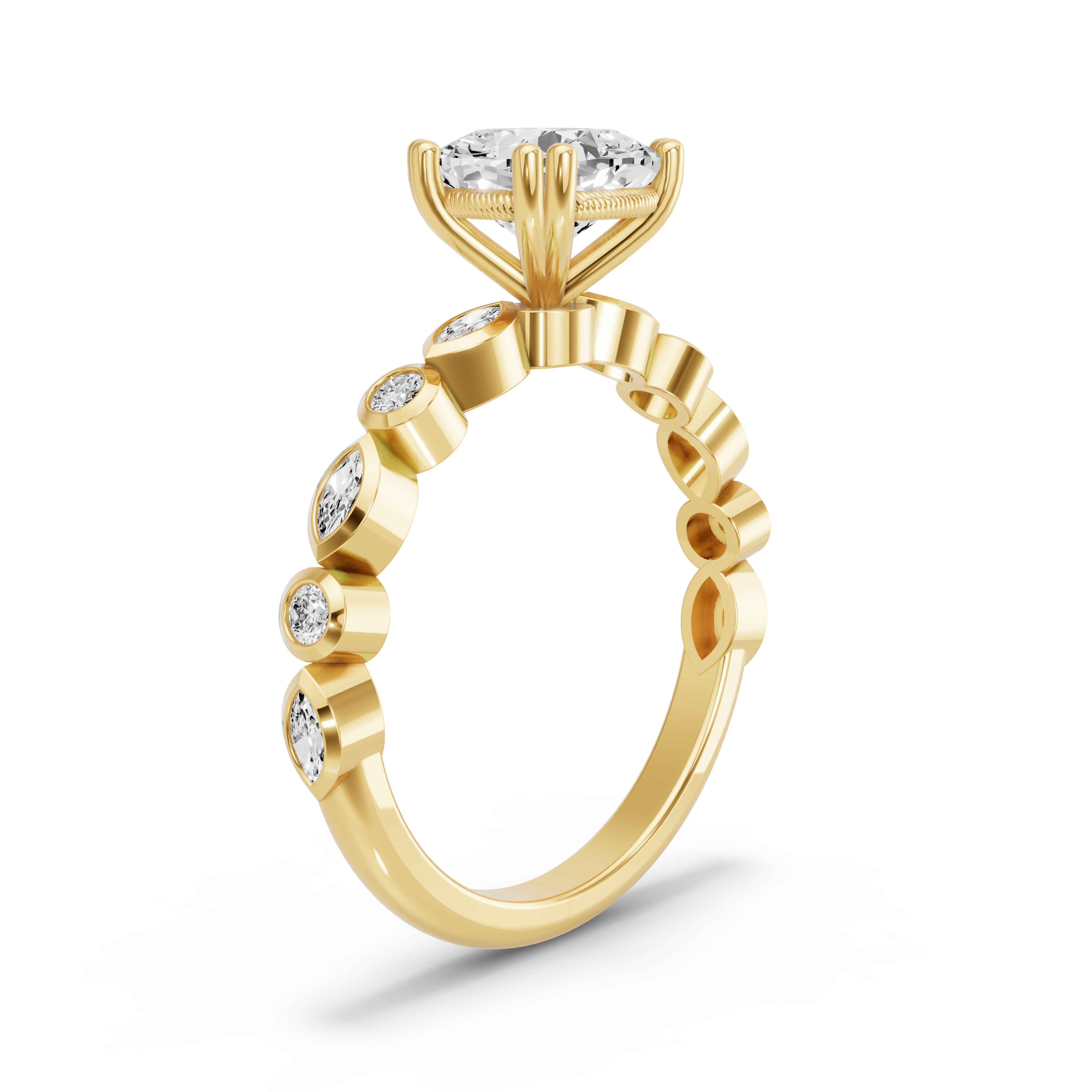 Image for Square Cushion Vintage Basket Ring with Alternating Marquise band in 18K Yellow Gold