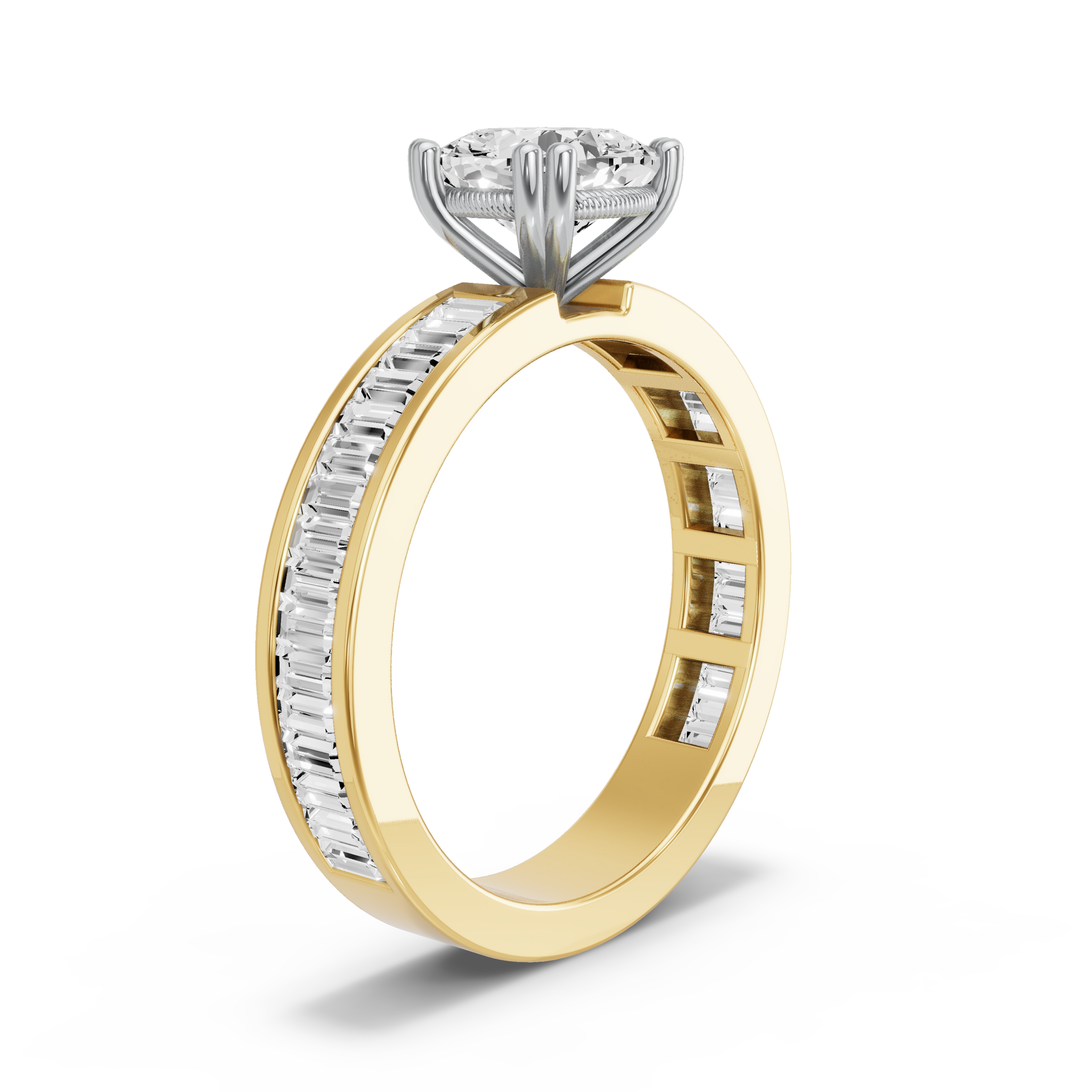Image for Square Cushion Vintage Basket Ring with Baguette Channel band in 14K Two Tone Yellow Gold