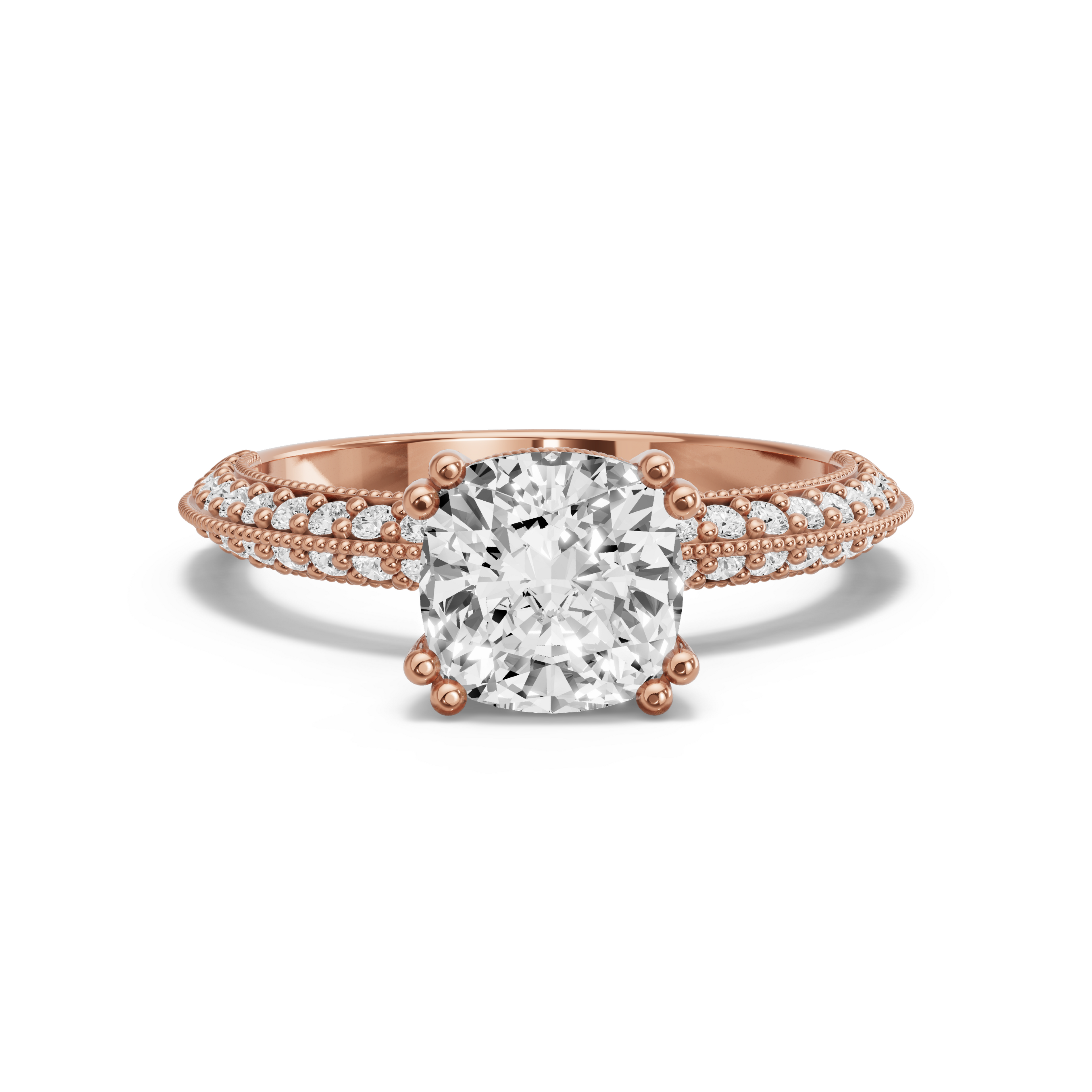 Image for Square Cushion Vintage Basket Ring with Knife Edge Pave band in 10K Rose Gold