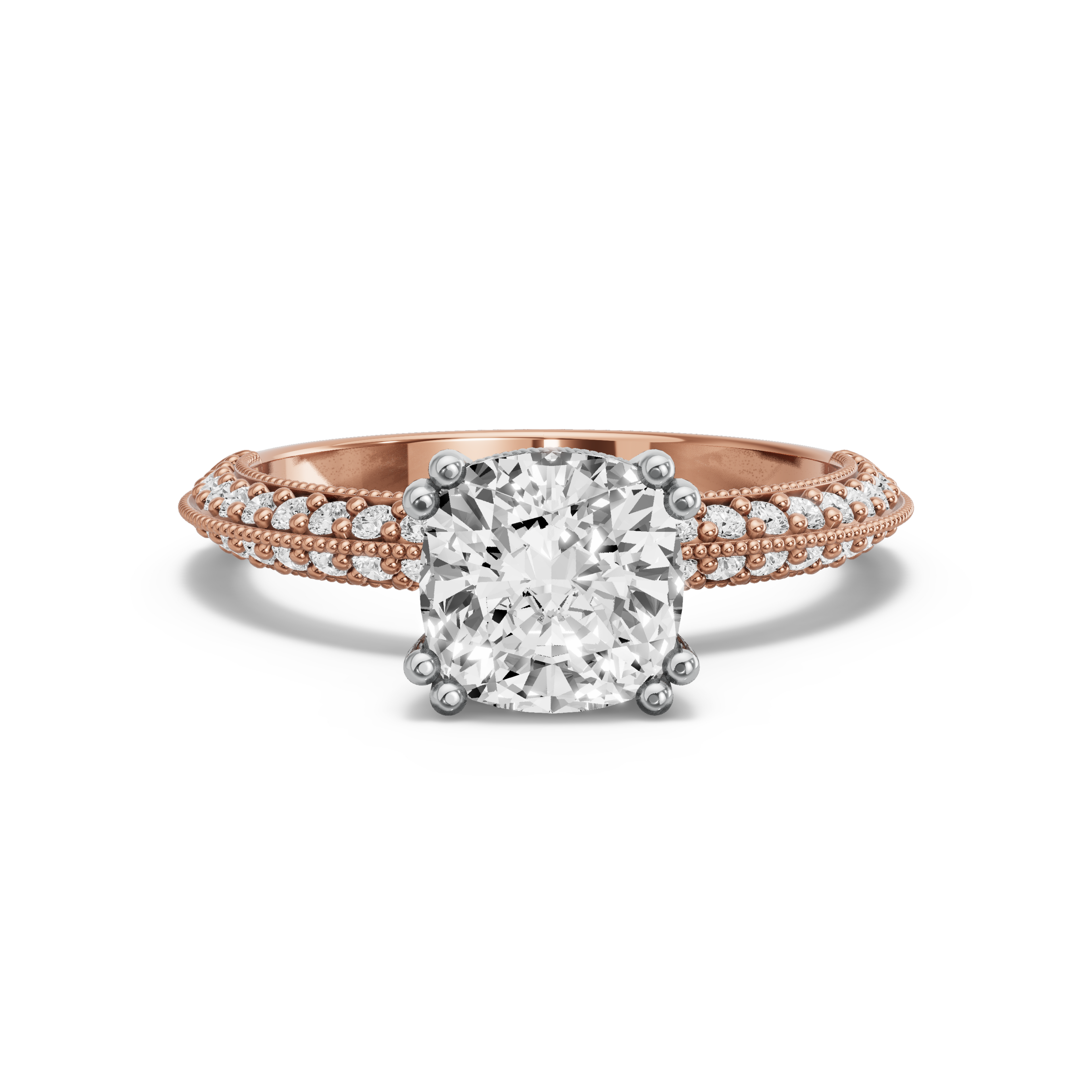 Image for Square Cushion Vintage Basket Ring with Knife Edge Pave band in 18K Two Tone Rose Gold