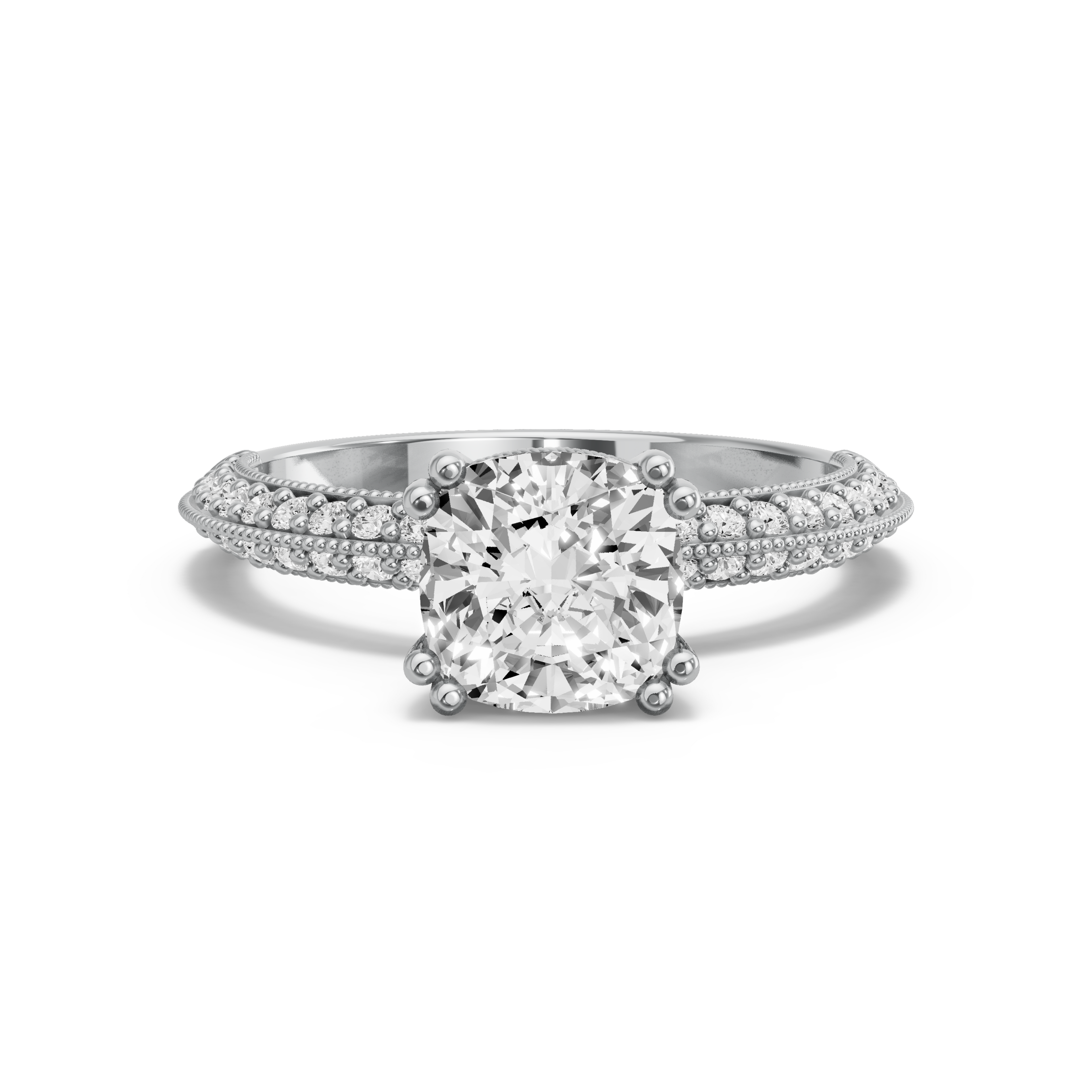 Image for Square Cushion Vintage Basket Ring with Knife Edge Pave band in 10K White Gold