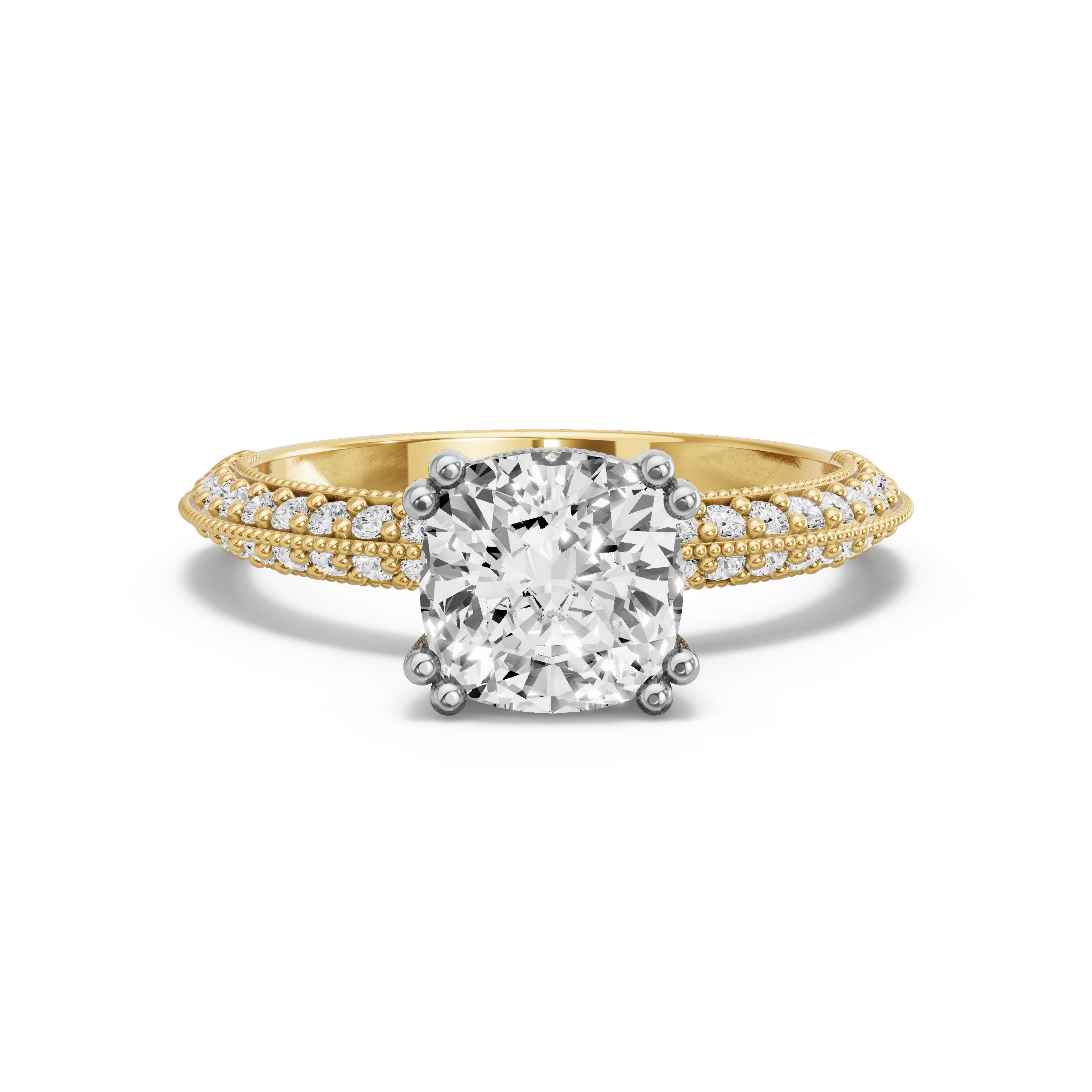 Image for Square Cushion Vintage Basket Ring with Knife Edge Pave band in 18K Two Tone Yellow Gold