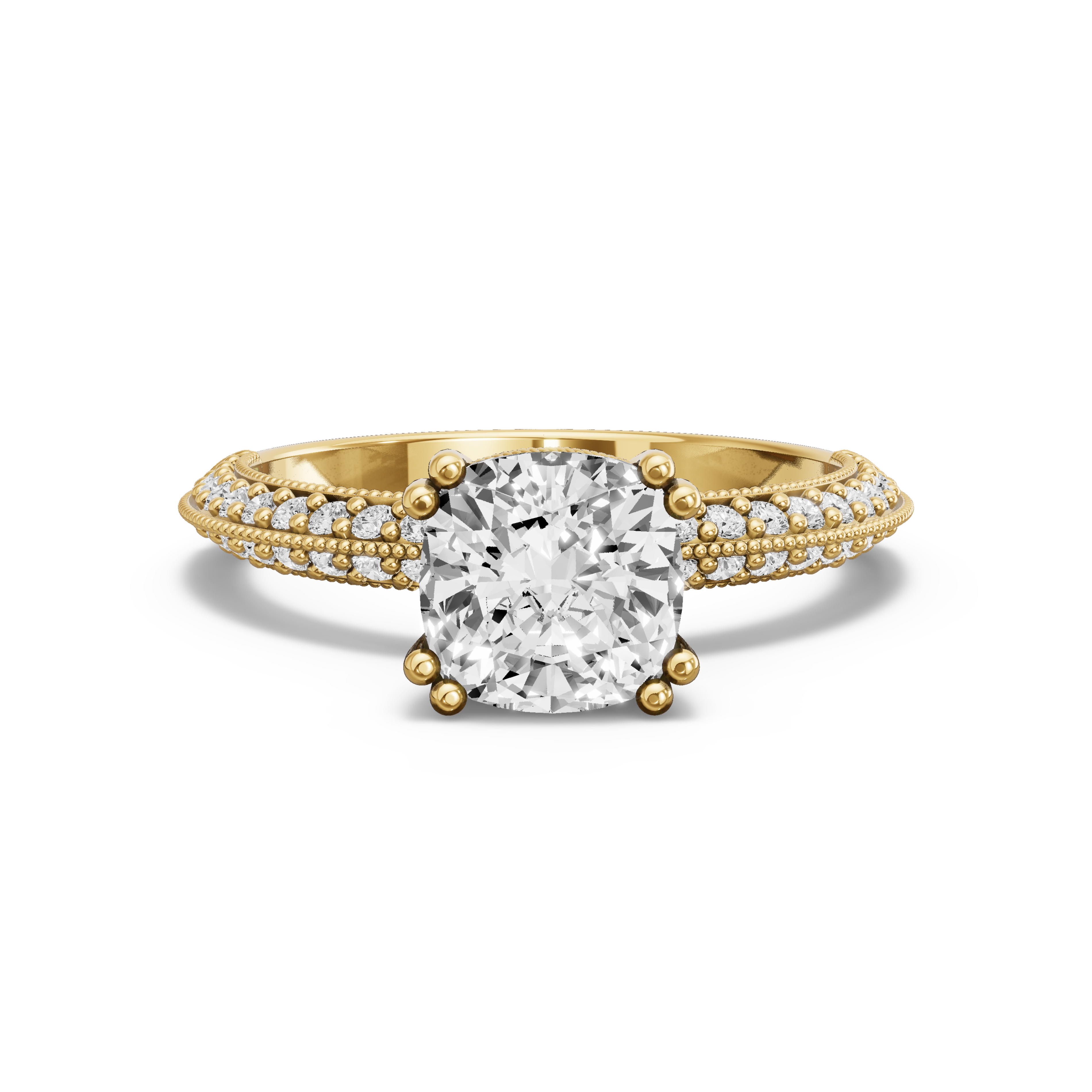 Image for Square Cushion Vintage Basket Ring with Knife Edge Pave band in 10K Yellow Gold