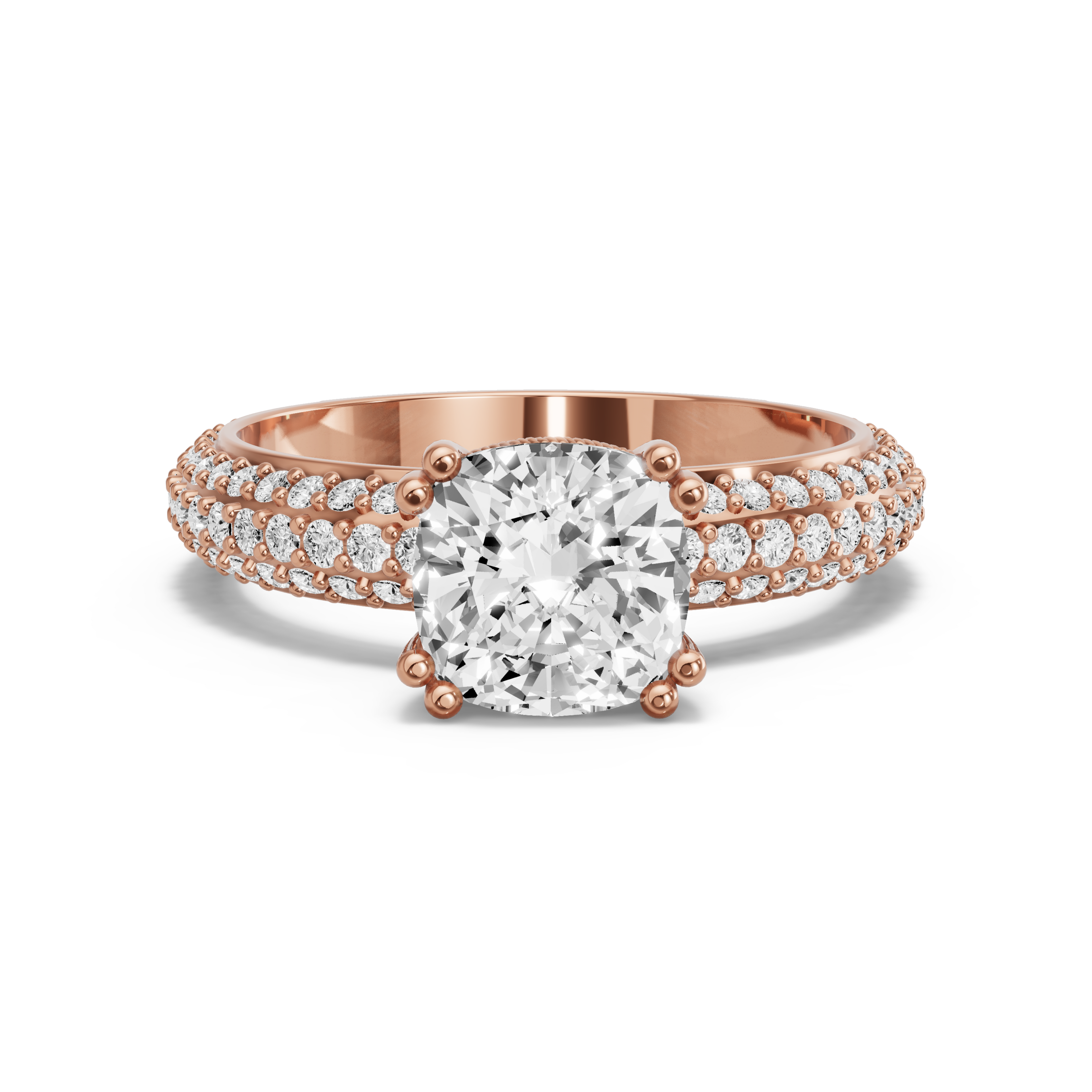 Image for Square Cushion Vintage Basket Ring with Triple Row Pave band in 14K Rose Gold