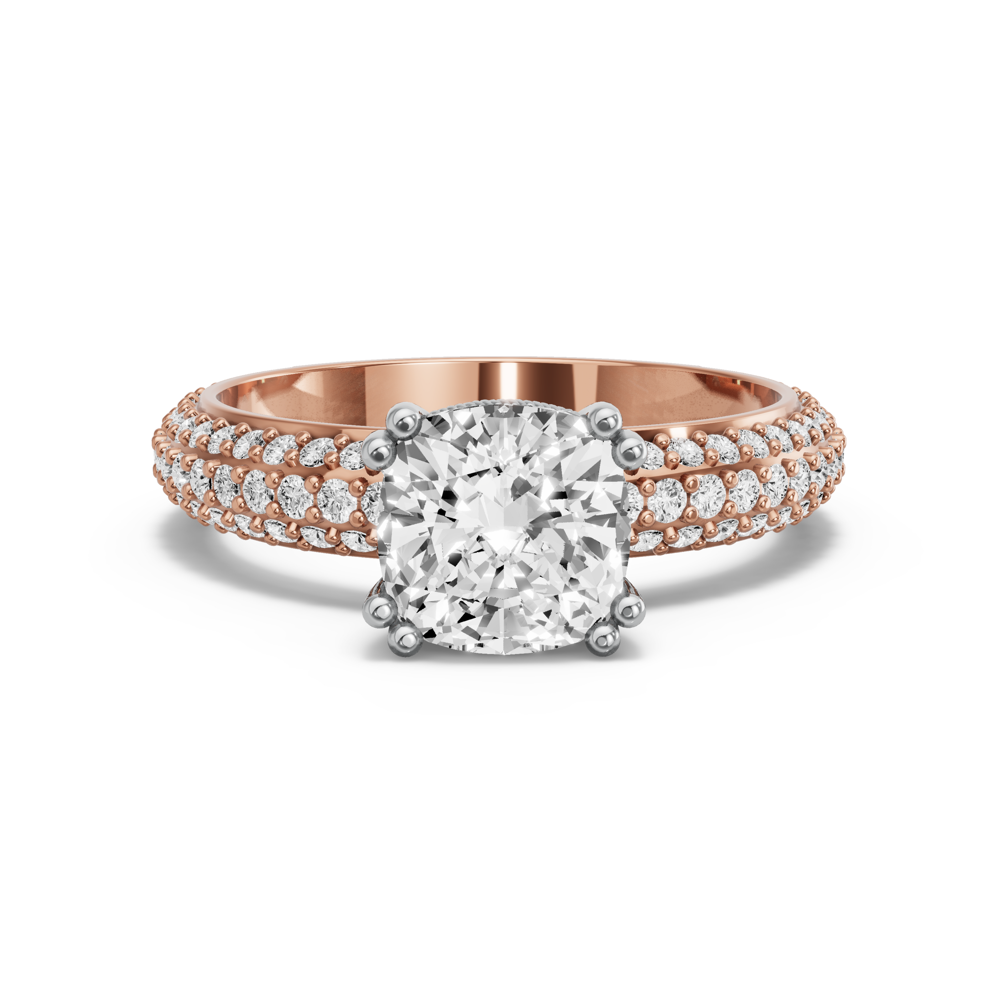 Image for Square Cushion Vintage Basket Ring with Triple Row Pave band in 10K Two Tone Rose Gold