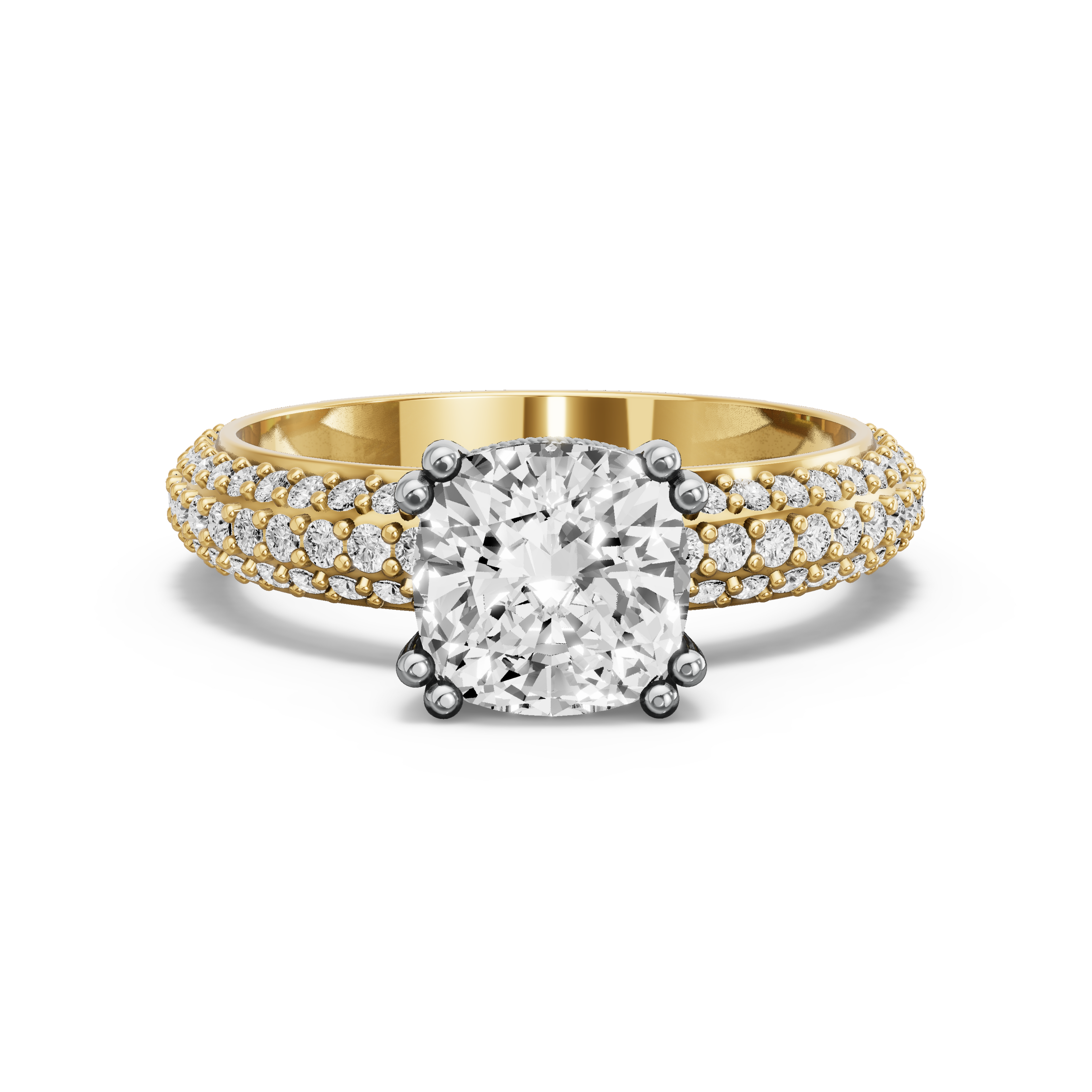 Image for Square Cushion Vintage Basket Ring with Triple Row Pave band in 10K Two Tone Yellow Gold