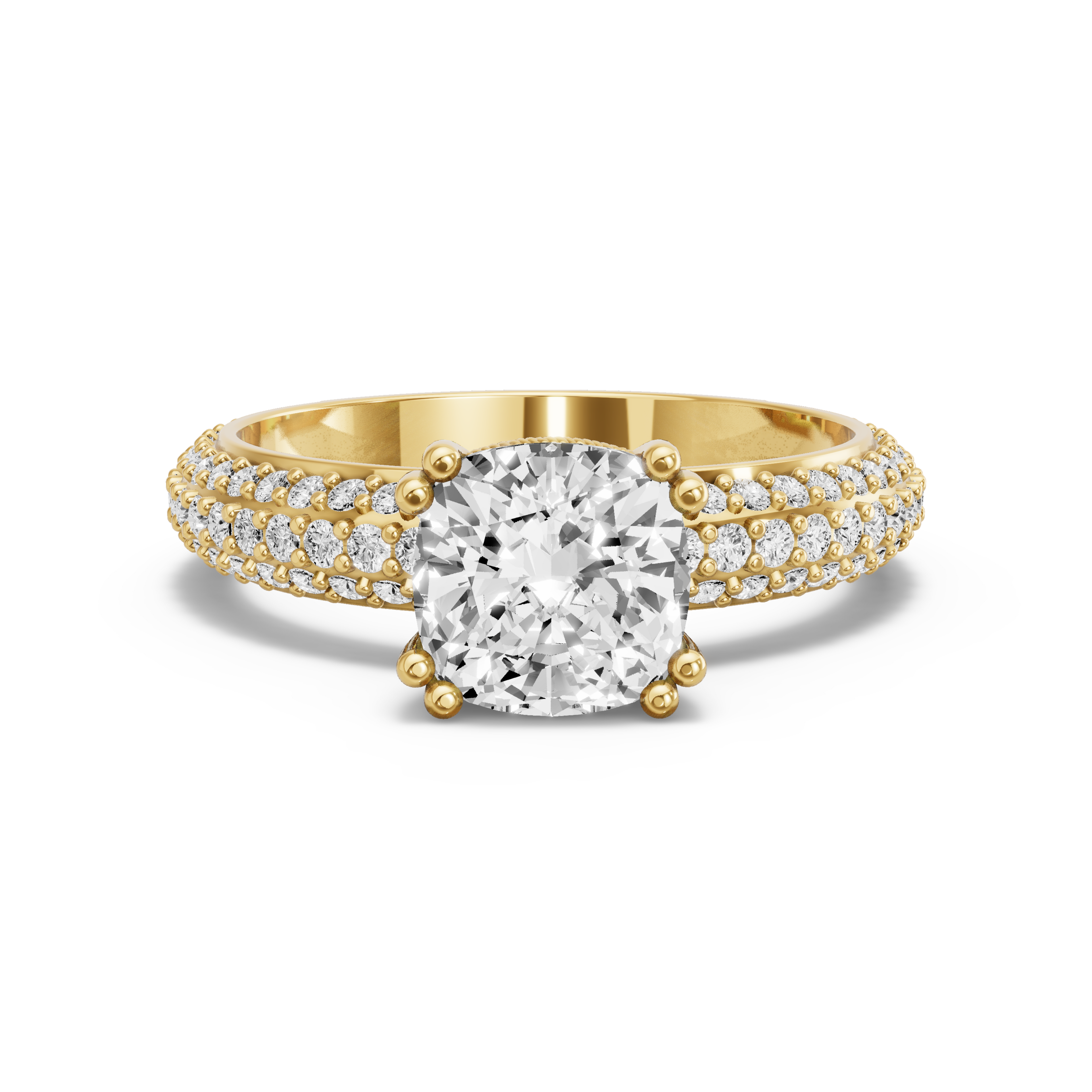 Image for Square Cushion Vintage Basket Ring with Triple Row Pave band in 10K Yellow Gold