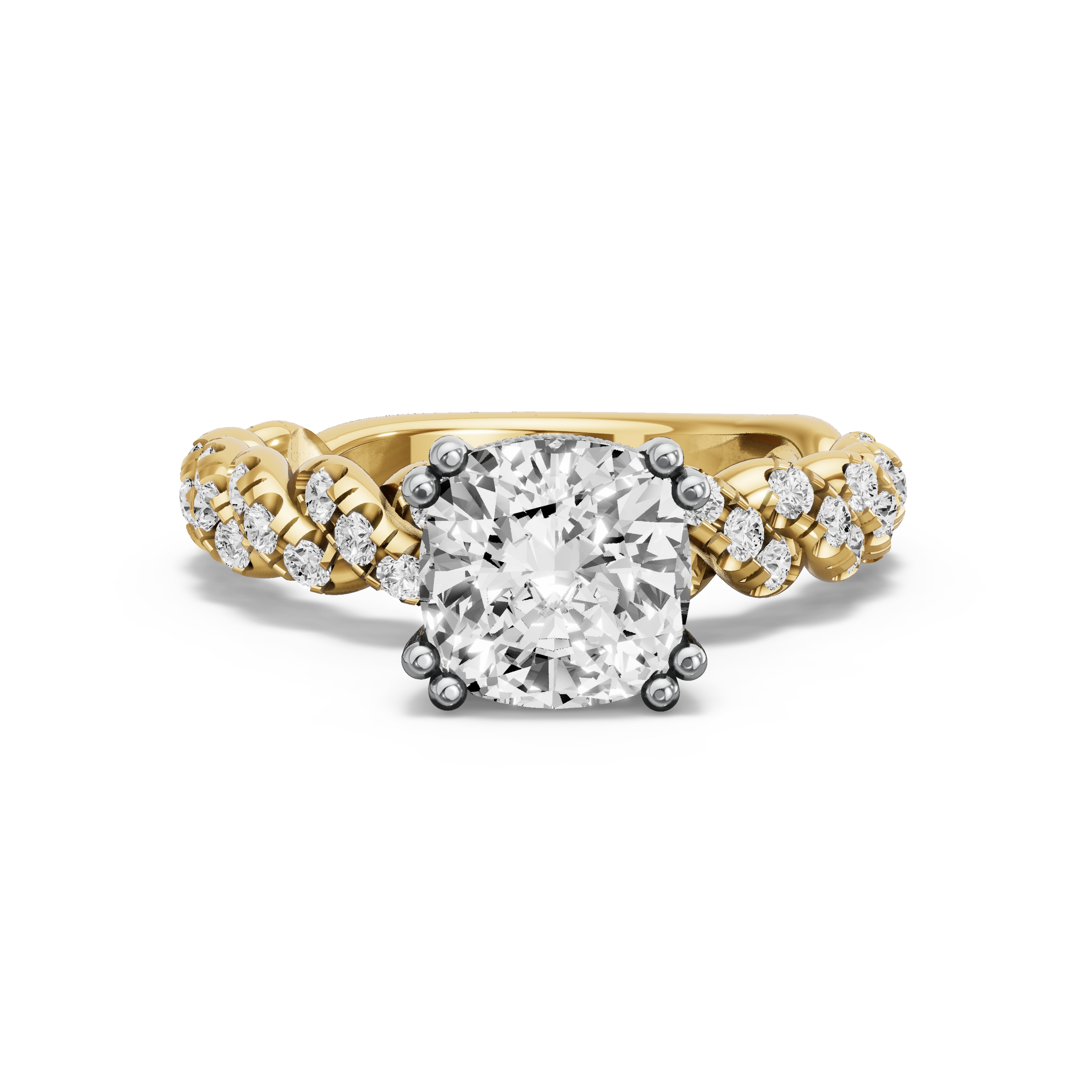 Image for Square Cushion Vintage Basket Ring with Twist Pave band in 14K Two Tone Yellow Gold