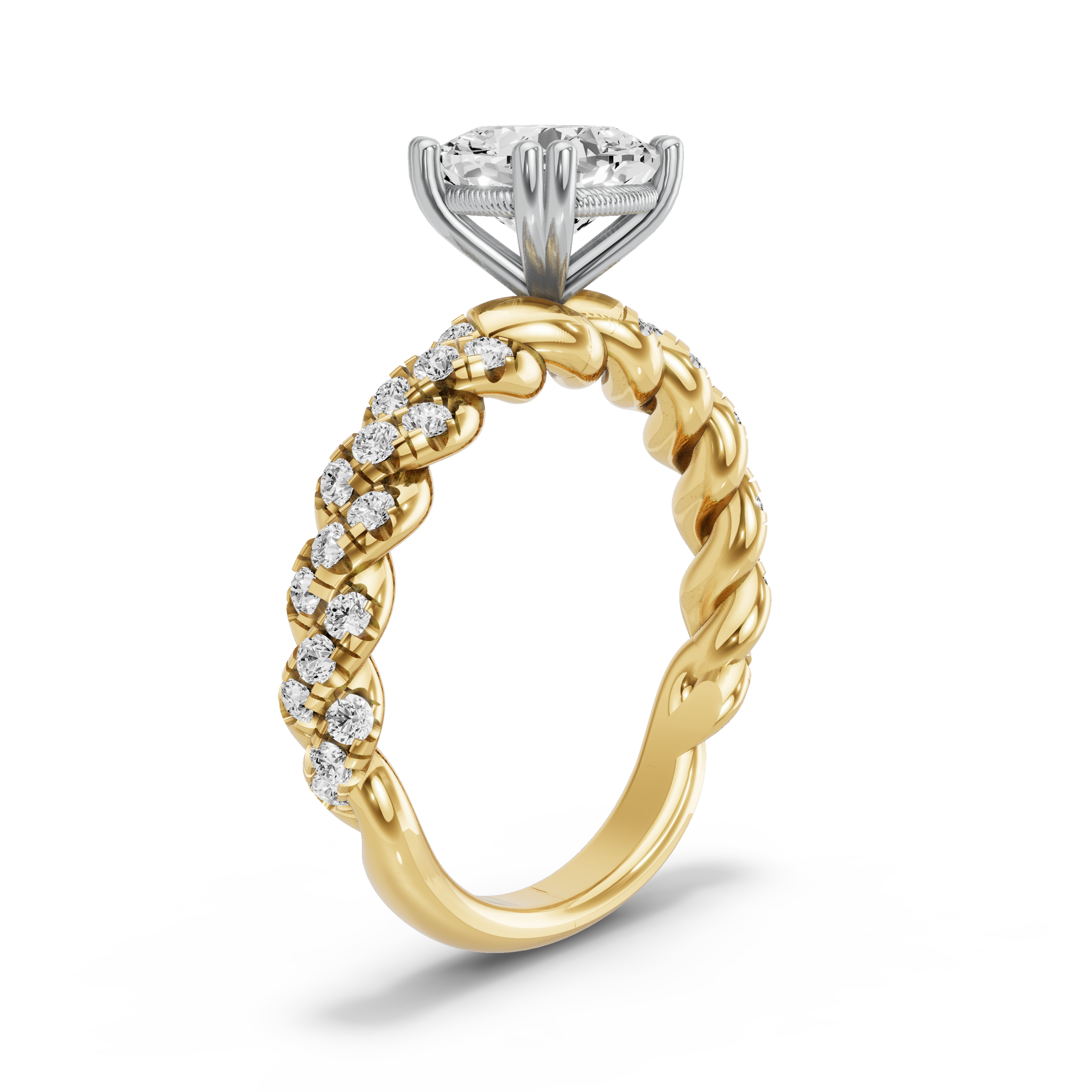 Image for Square Cushion Vintage Basket Ring with Twist Pave band in 18K Two Tone Yellow Gold