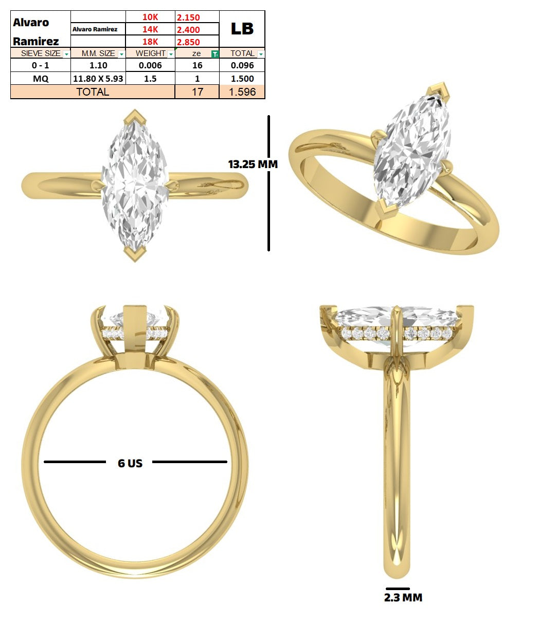 Custom order - 1.5ct E VVS2 stone | 14kt yellow gold | 6 US