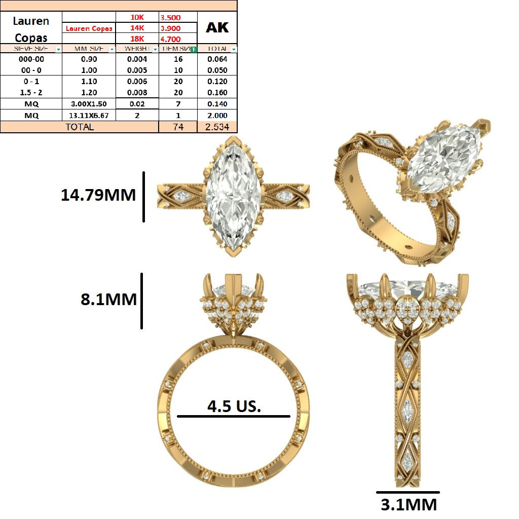 Custom Order - 2 carat F/VS Marquise center stone | 10k Yellow Gold | 4.5 US