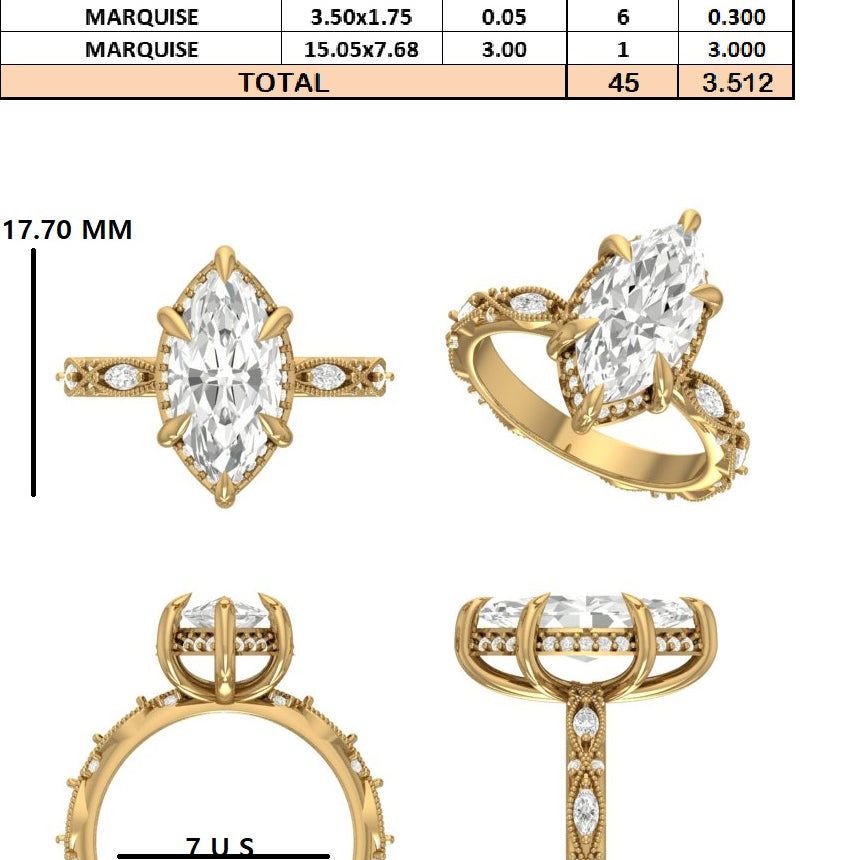 Custom Order - 3ct E VVS Marquise ring | 7 US | 14kt Yellow gold