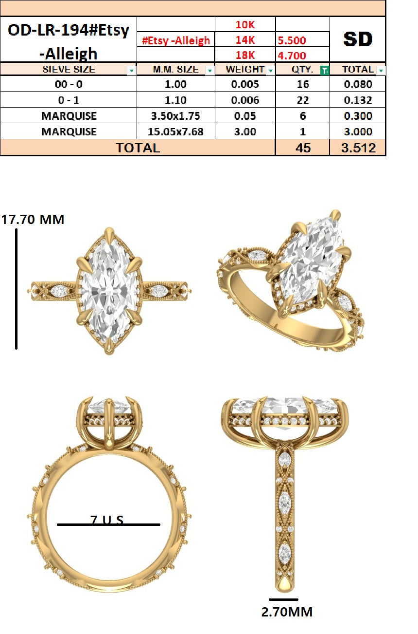 Custom Order - 3ct E VVS Marquise ring | 7 US | 14kt Yellow gold