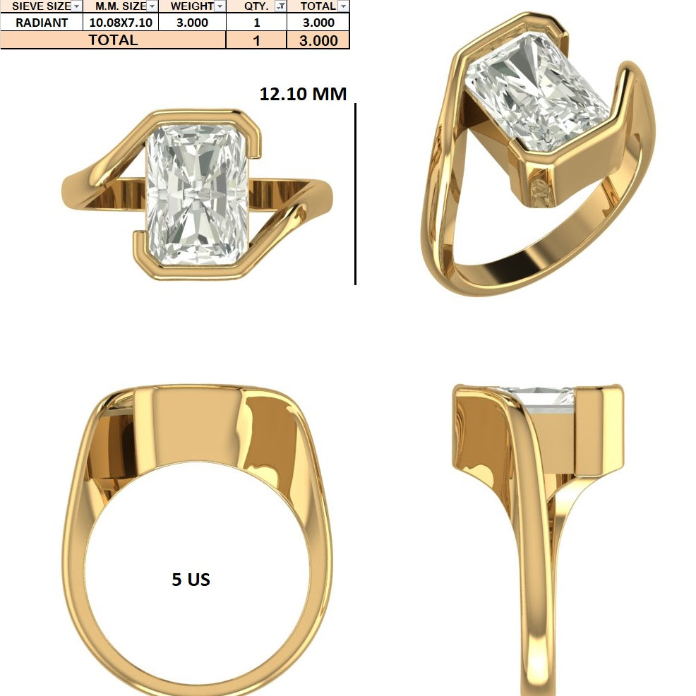 Custom Order - 3ct EF VS1 Radiant Lab Diamond Ring | 10kt Yellow Gold | 5 US